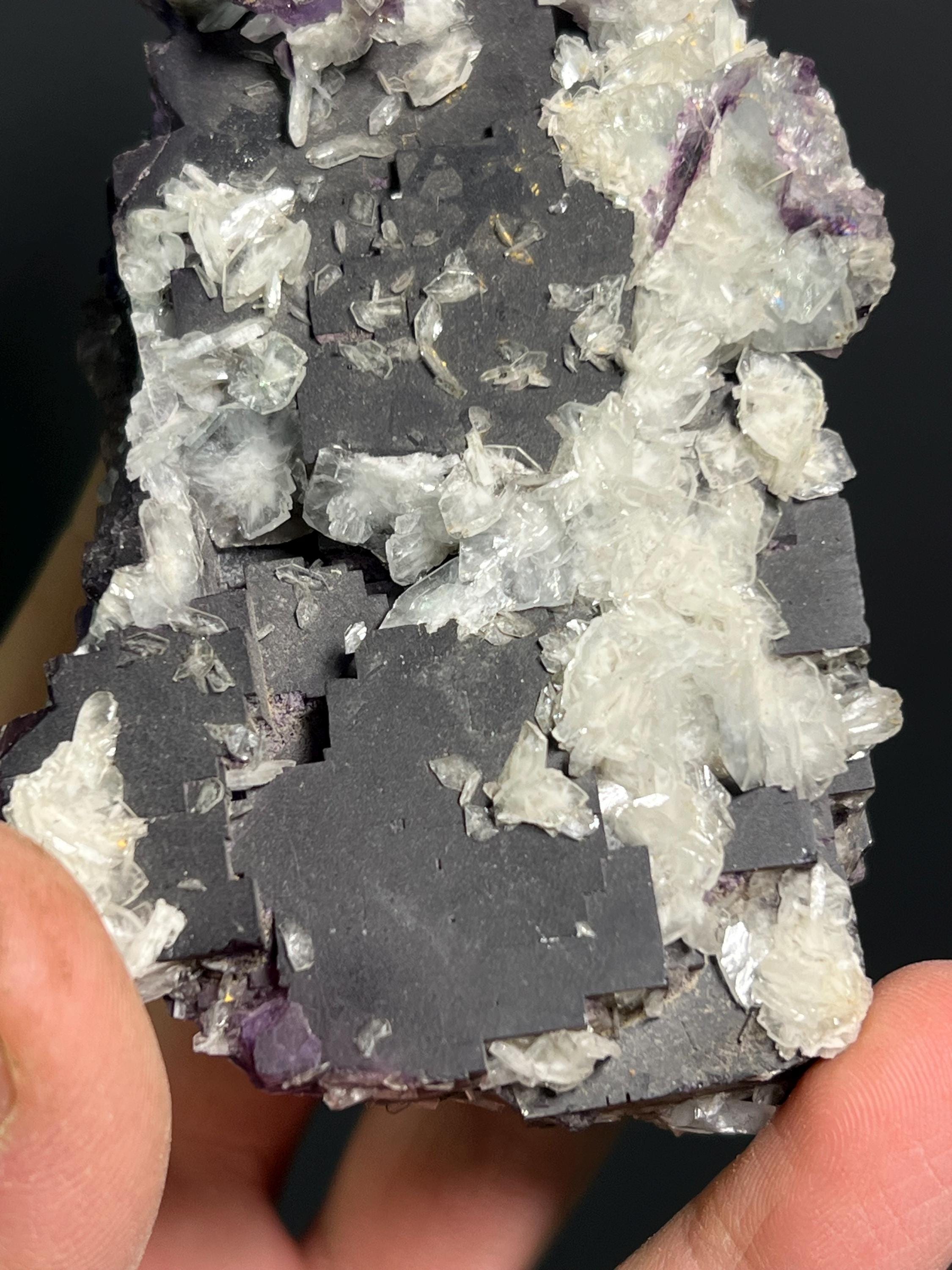 Calcite On Purple Fluorite Specimen, 445gram - Crystal Gemstone AE 