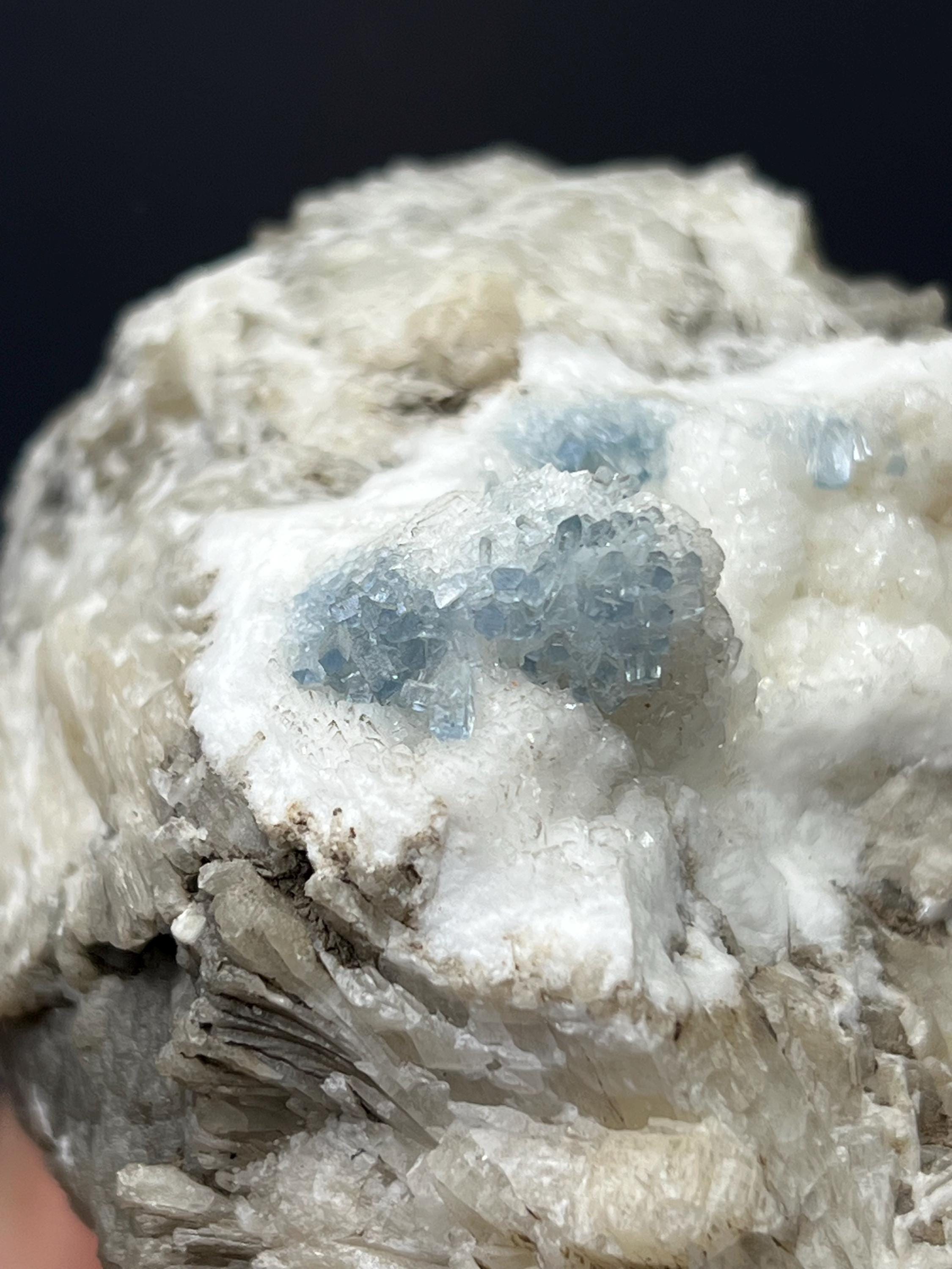 Blue Celestine Cluster On Snow White Baryte Covered Colemanite - Crystal Gemstone AE 