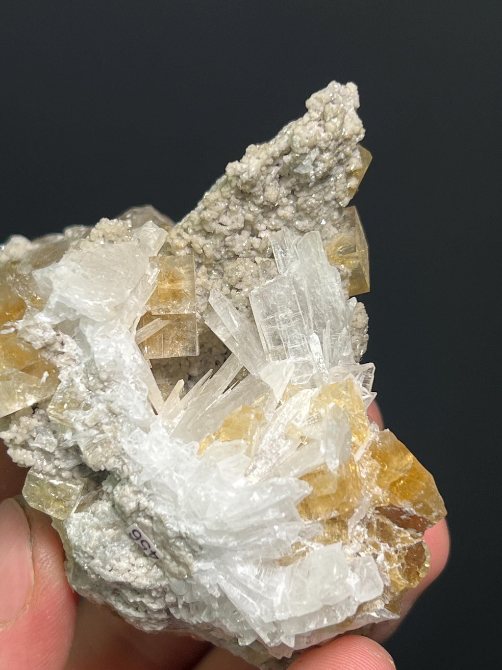 Orange Fluorite Specimen with Calcite, Rare Crystal (208gram, Canada) - Crystal Gemstone AE 