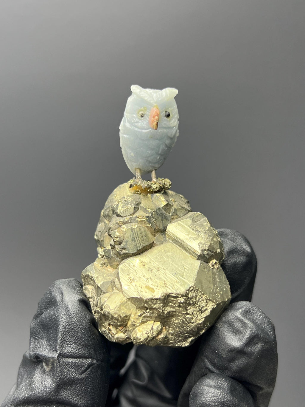 Pyrite On Natural Stone Owl Bird - Crystal Gemstone AE 