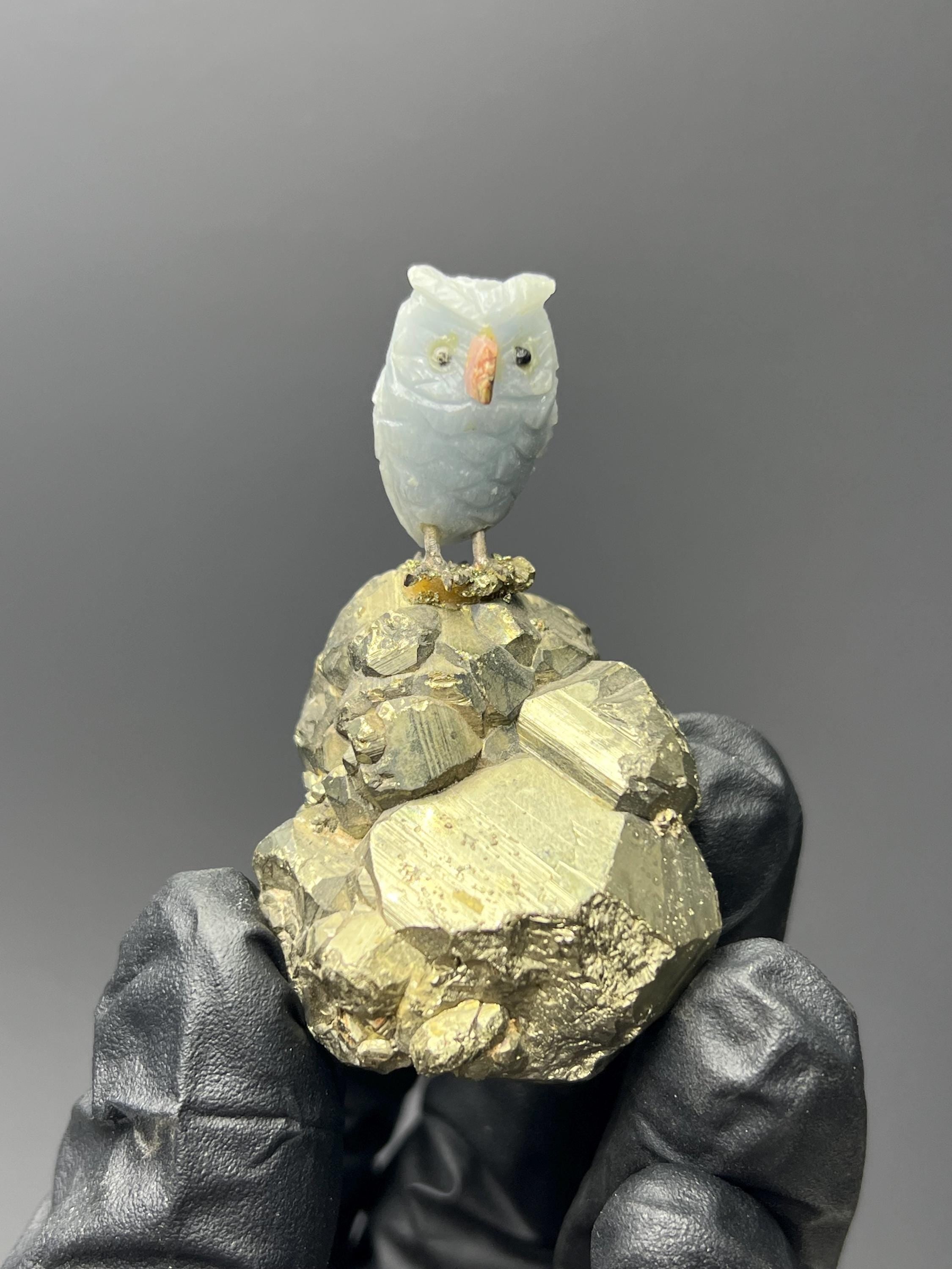 Pyrite On Natural Stone Owl Bird - Crystal Gemstone AE 