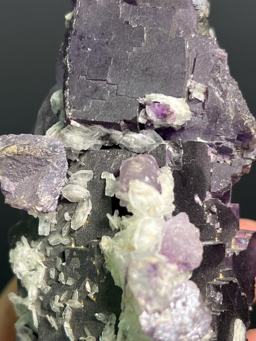 Calcite On Purple Fluorite Specimen, 445gram - Crystal Gemstone AE 