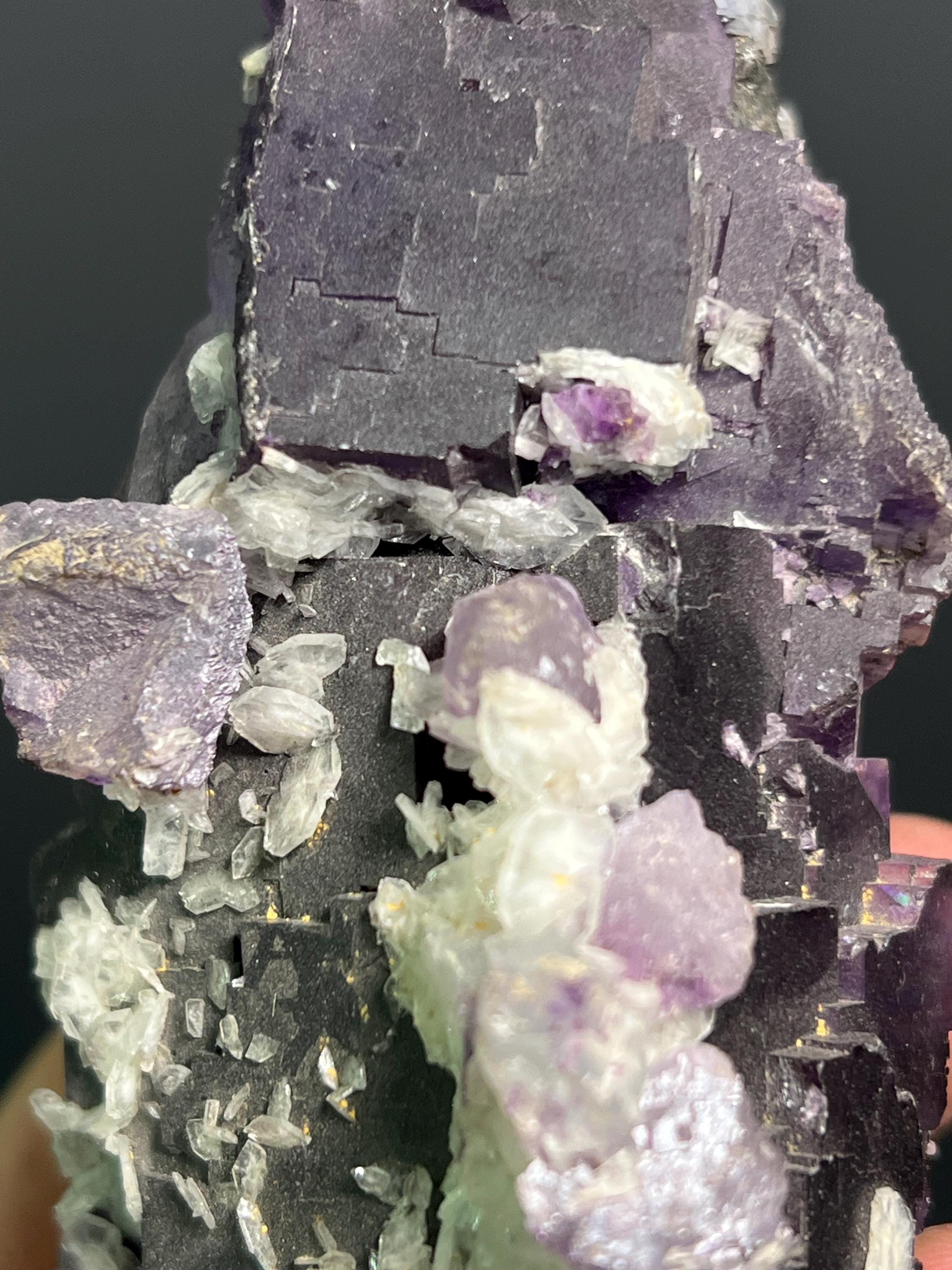 Calcite On Purple Fluorite Specimen, 445gram - Crystal Gemstone AE 