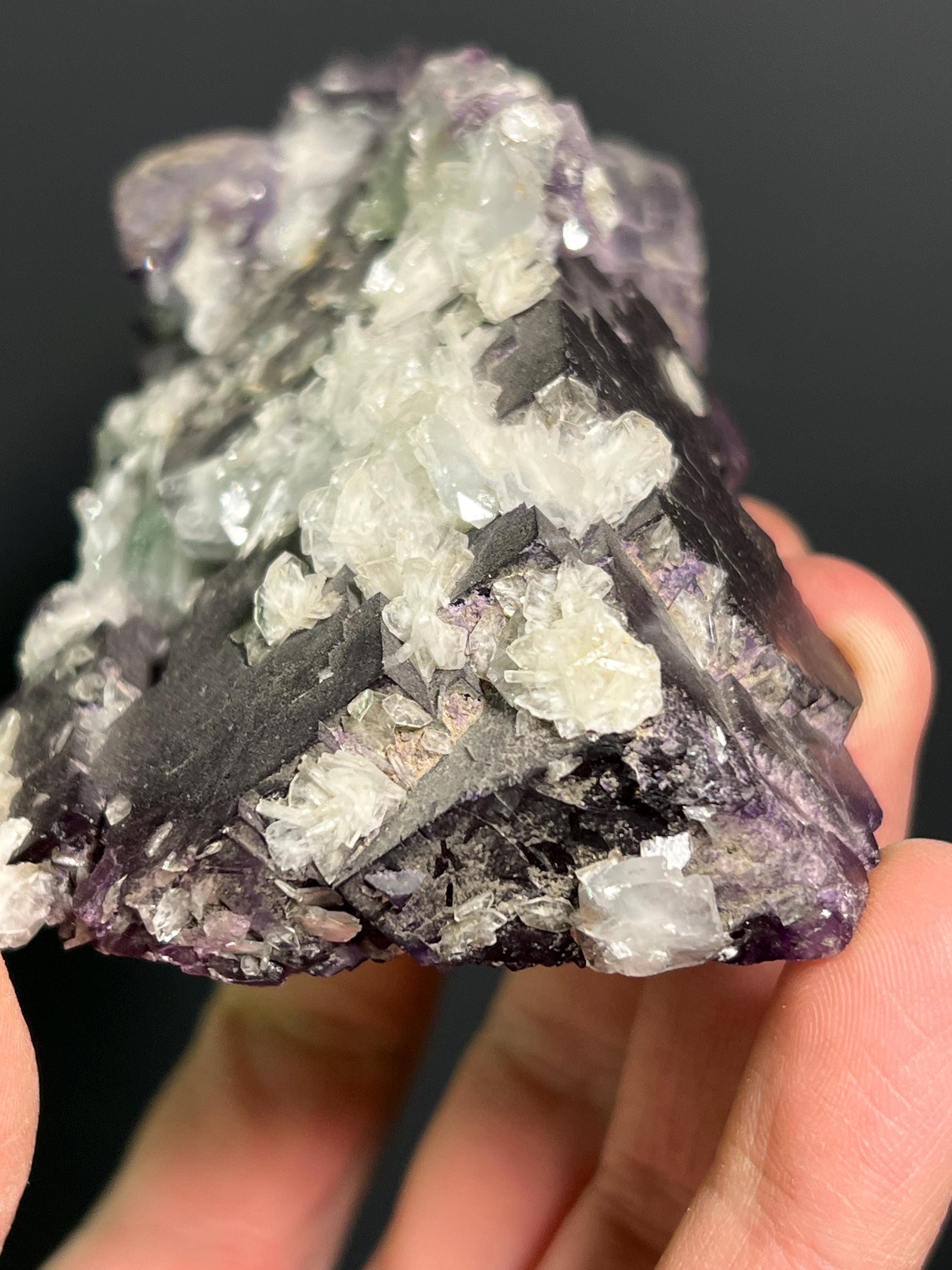 Calcite On Purple Fluorite Specimen, 445gram - Crystal Gemstone AE 