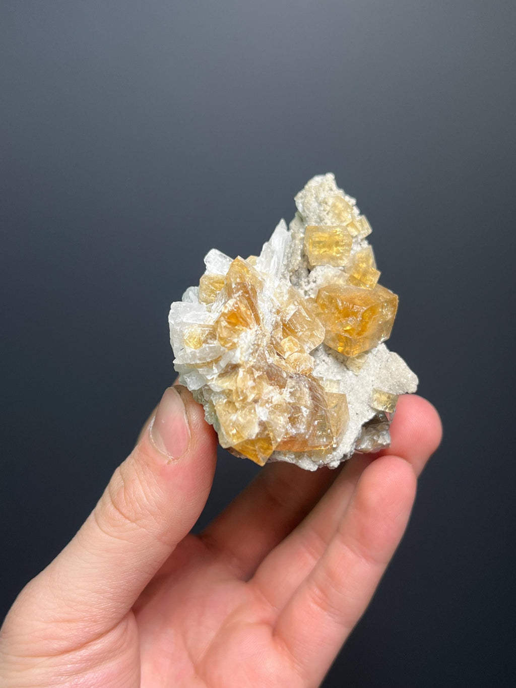 Orange Fluorite Specimen with Calcite, Rare Crystal (208gram, Canada) - Crystal Gemstone AE 