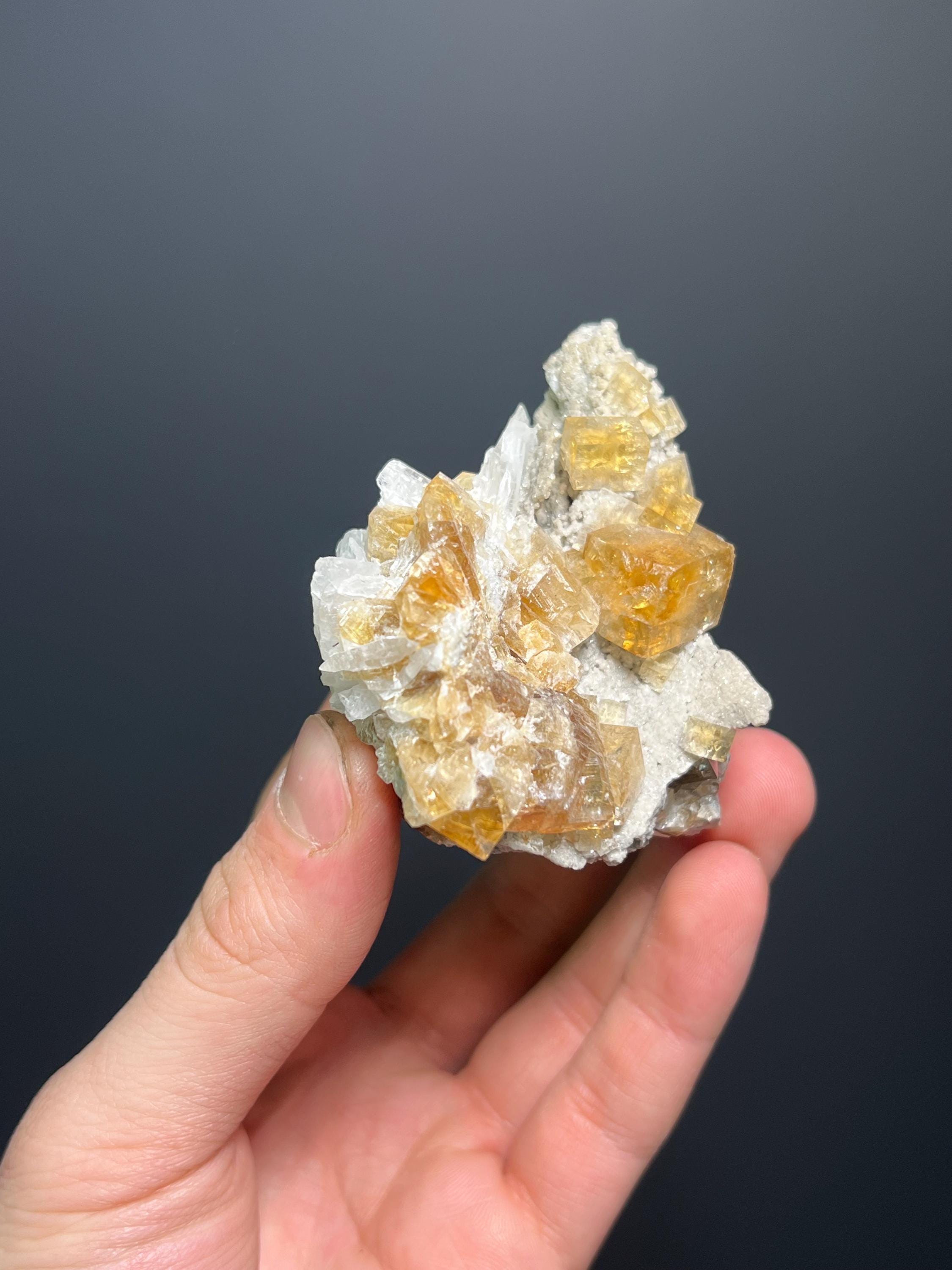 Orange Fluorite Specimen with Calcite, Rare Crystal (208gram, Canada) - Crystal Gemstone AE 