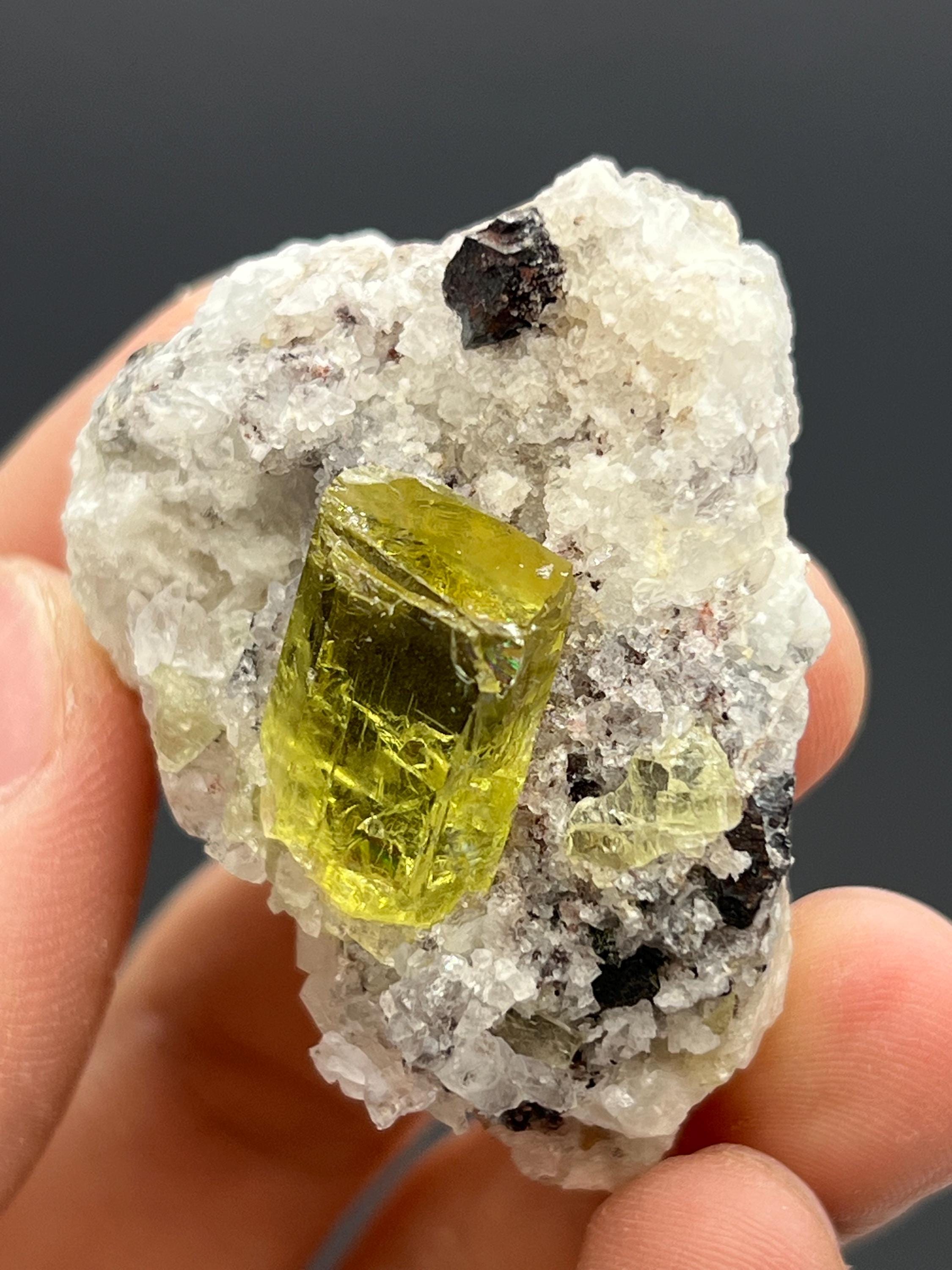 Apatite and black tourmaline on calcite, From Mexico - Crystal Gemstone AE 