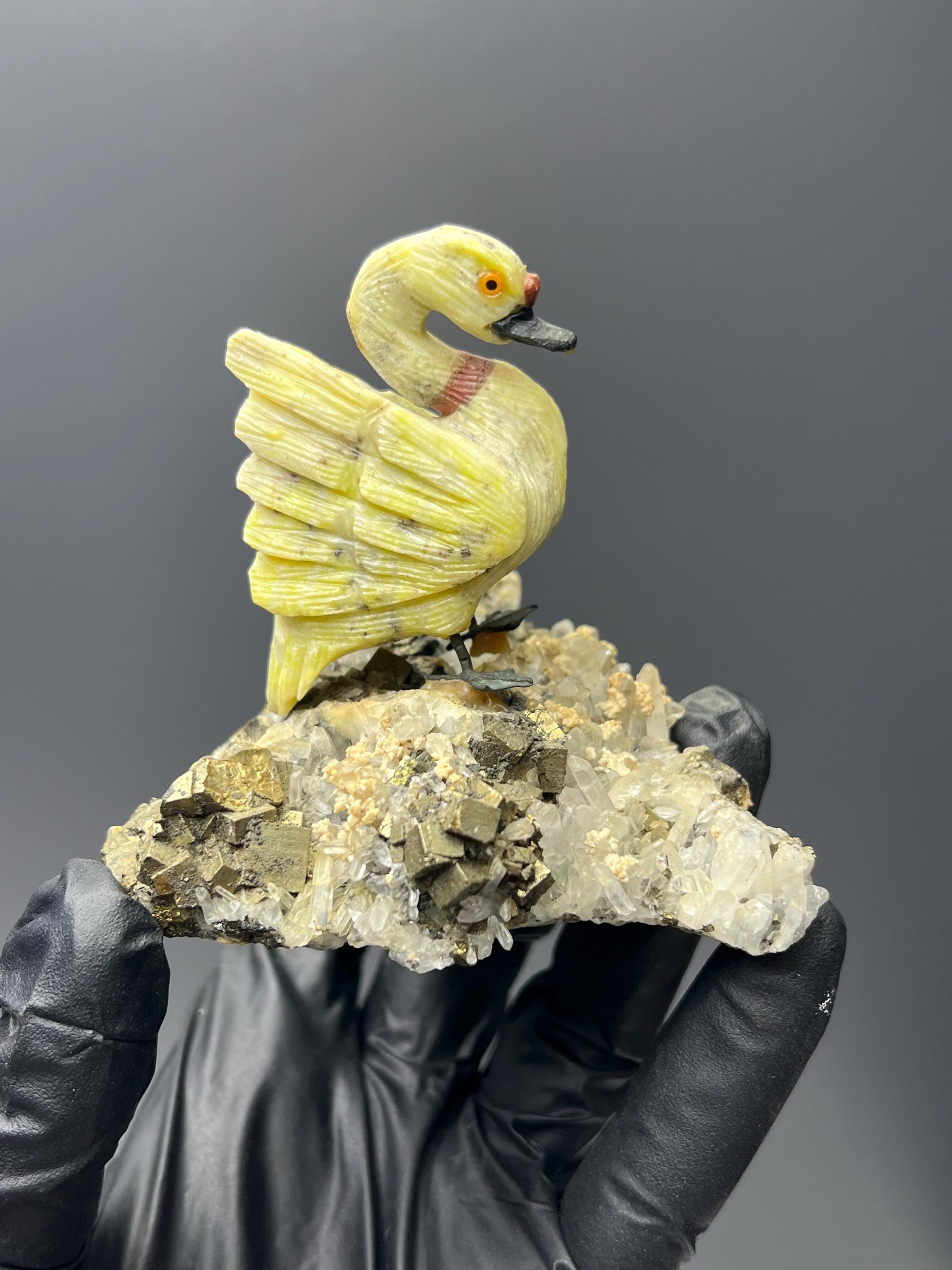 Pyrite And Calcite With Crystal Quartz On Natural Stone Swan Bird - Crystal Gemstone AE 