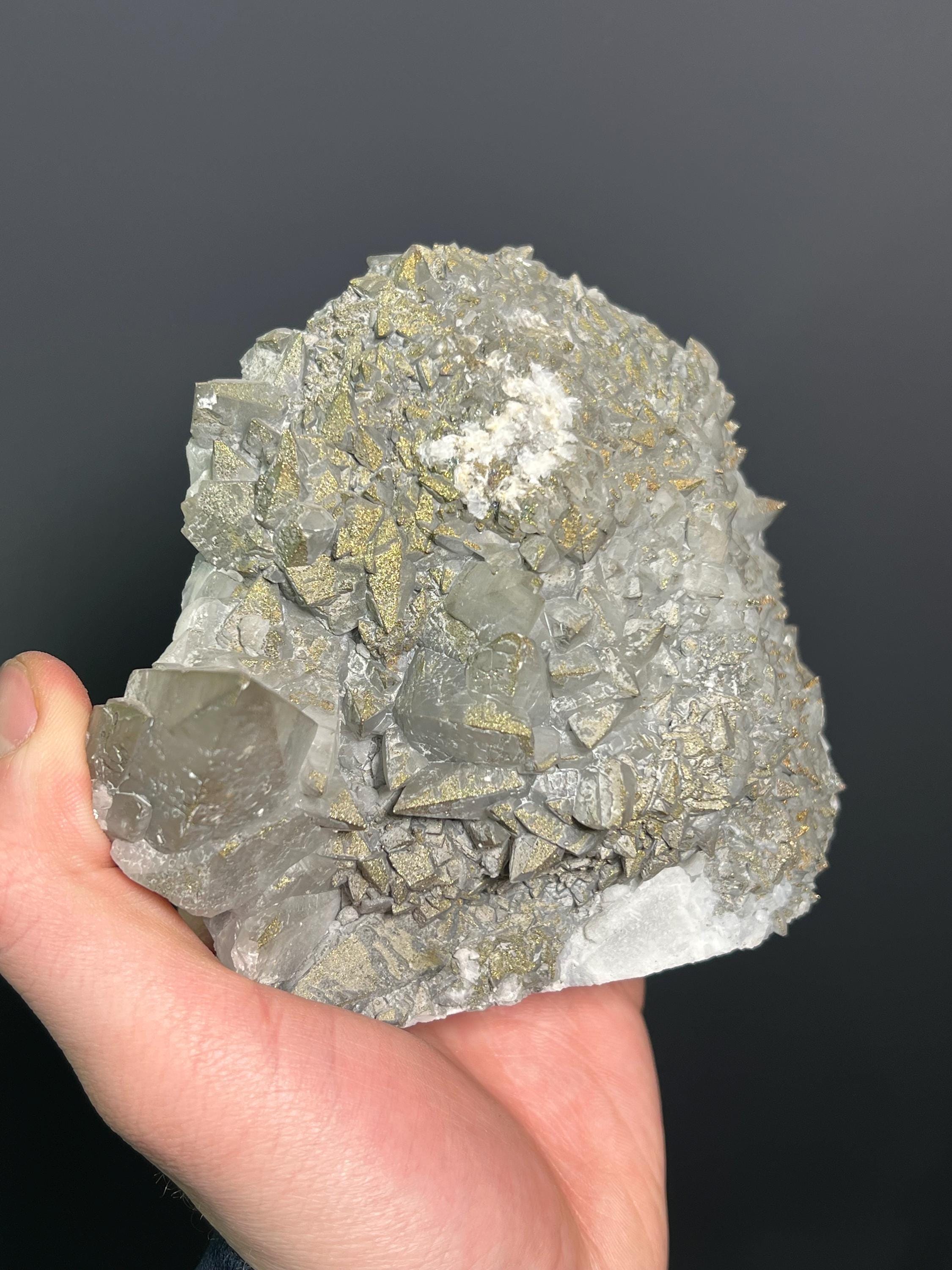 Chalcopyrite On Gray Crystal Calcite - Crystal Gemstone AE 