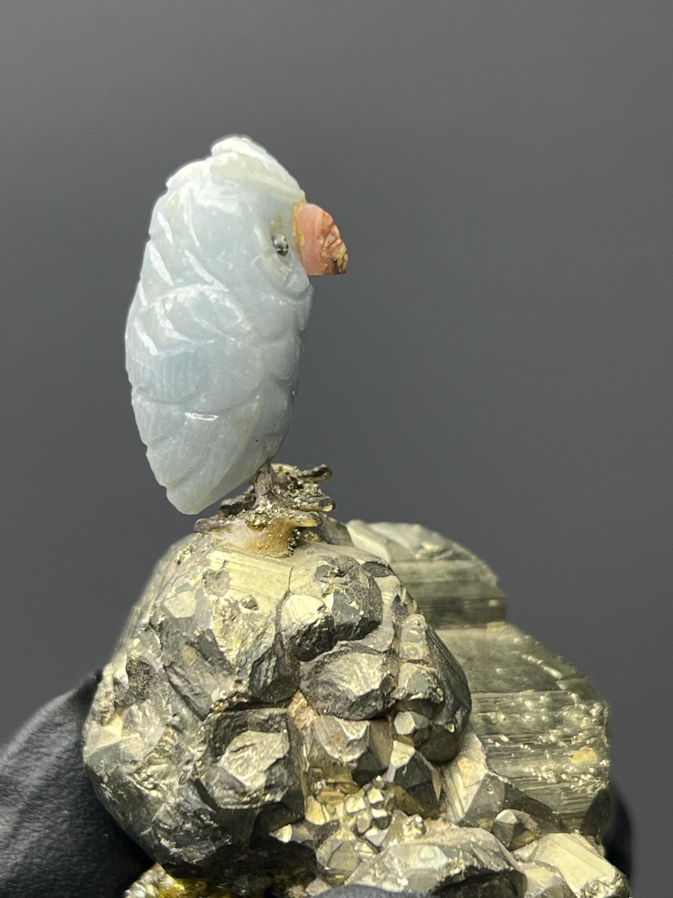 Pyrite On Natural Stone Owl Bird - Crystal Gemstone AE 