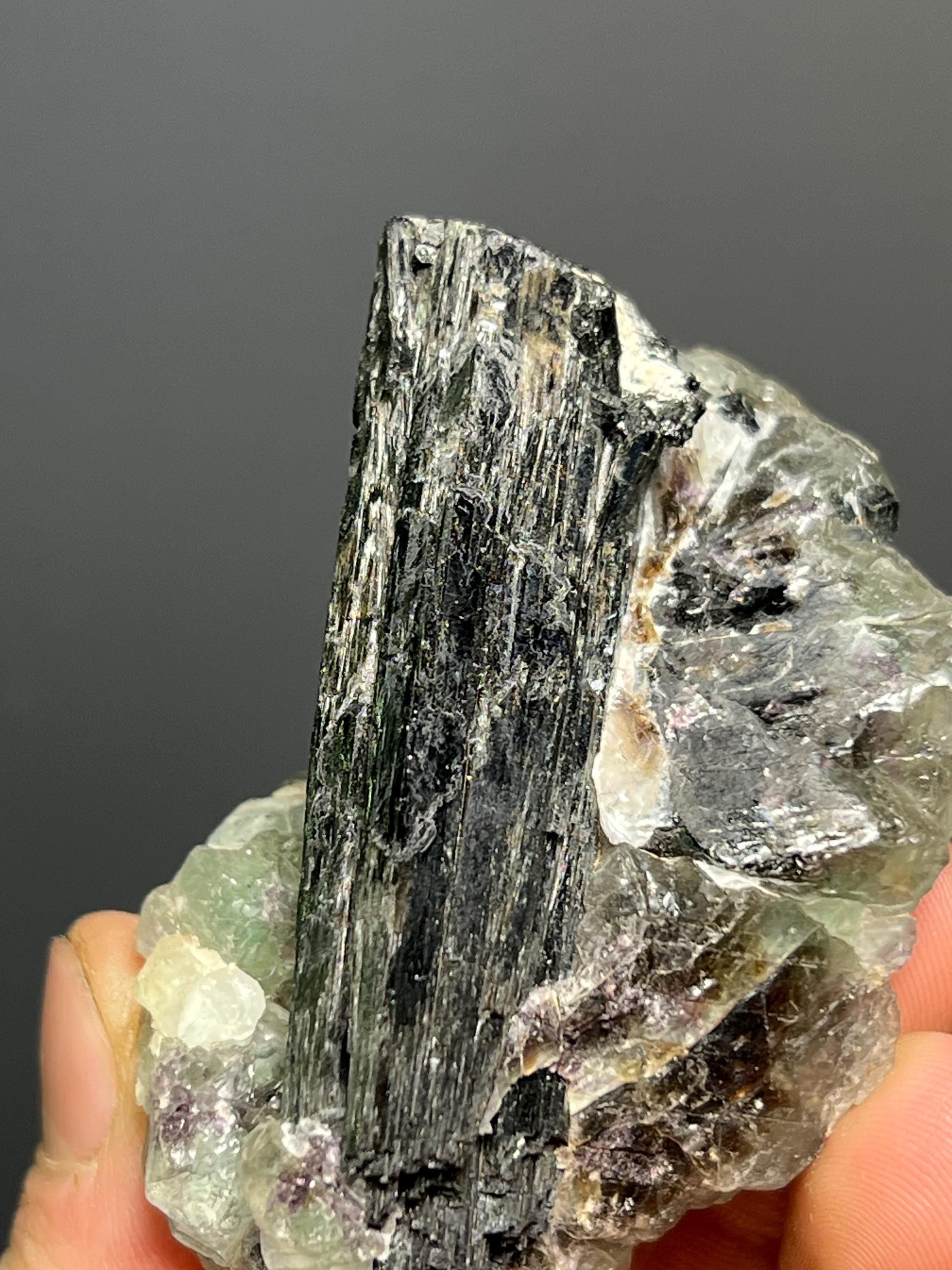 Fluorite On Tourmaline Schorl - Namibia - Crystal Gemstone AE 
