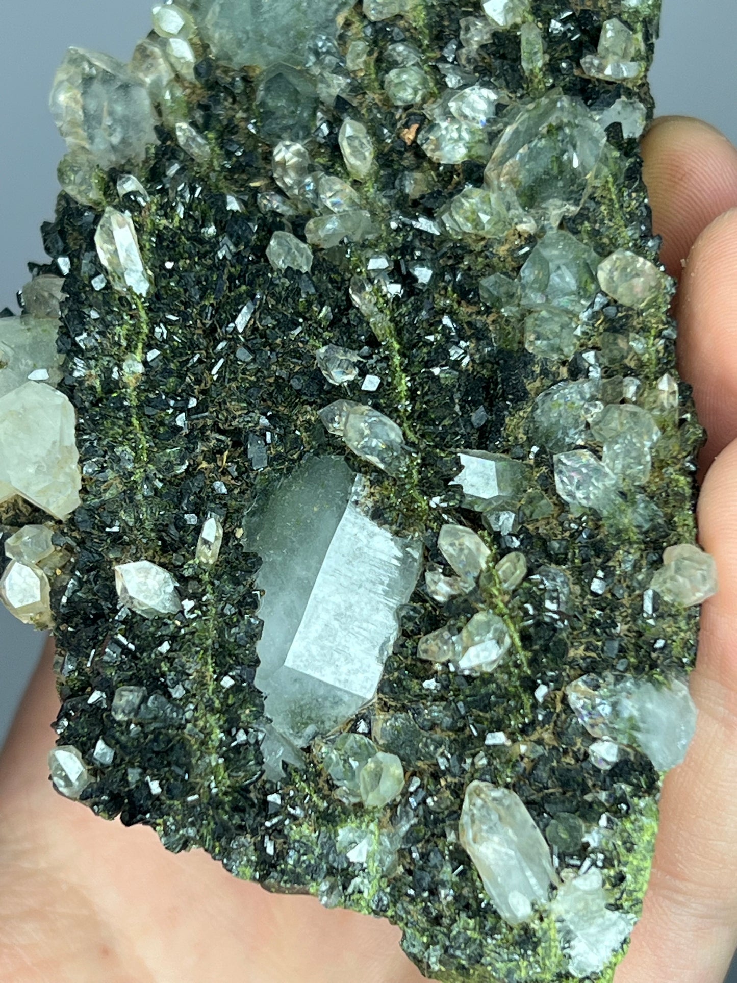 Special Formation! Black And Green Epidote With Lodolite Quartz