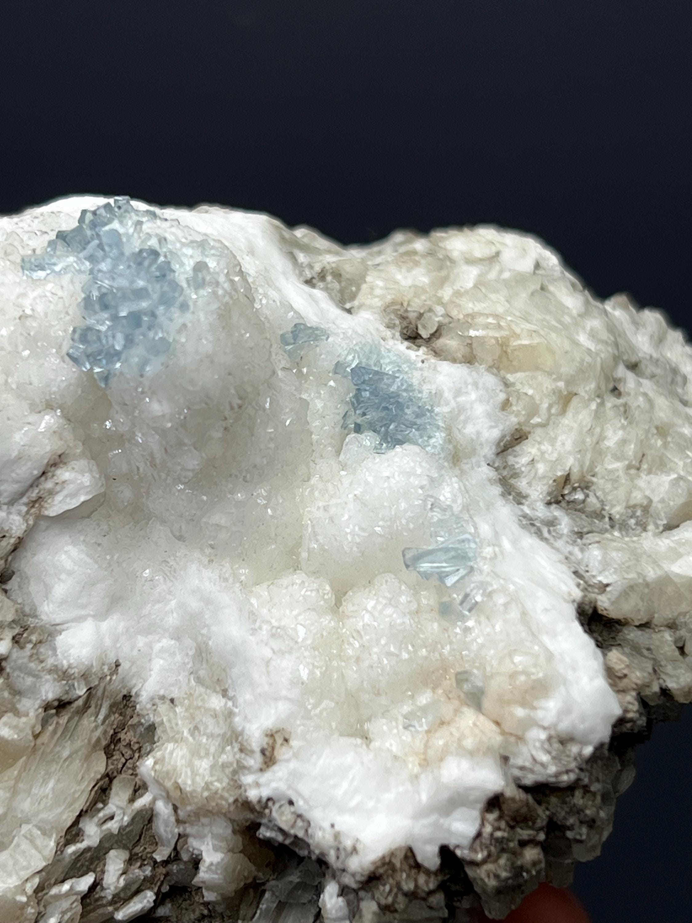 Blue Celestine Cluster On Snow White Baryte Covered Colemanite - Crystal Gemstone AE 