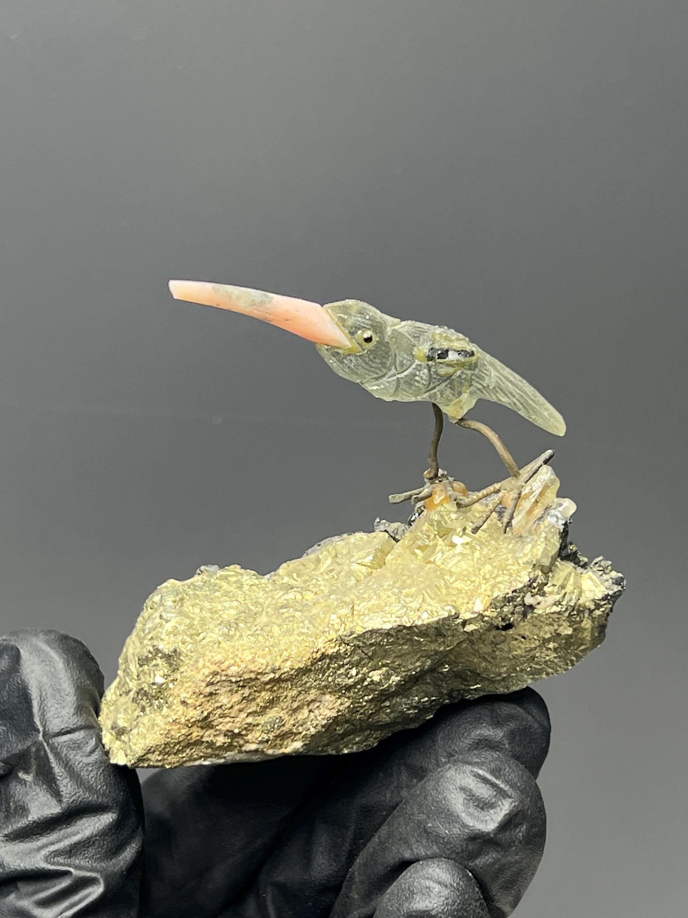 Pyrite And Galena Stone With Natural Stone Bird - Crystal Gemstone AE 