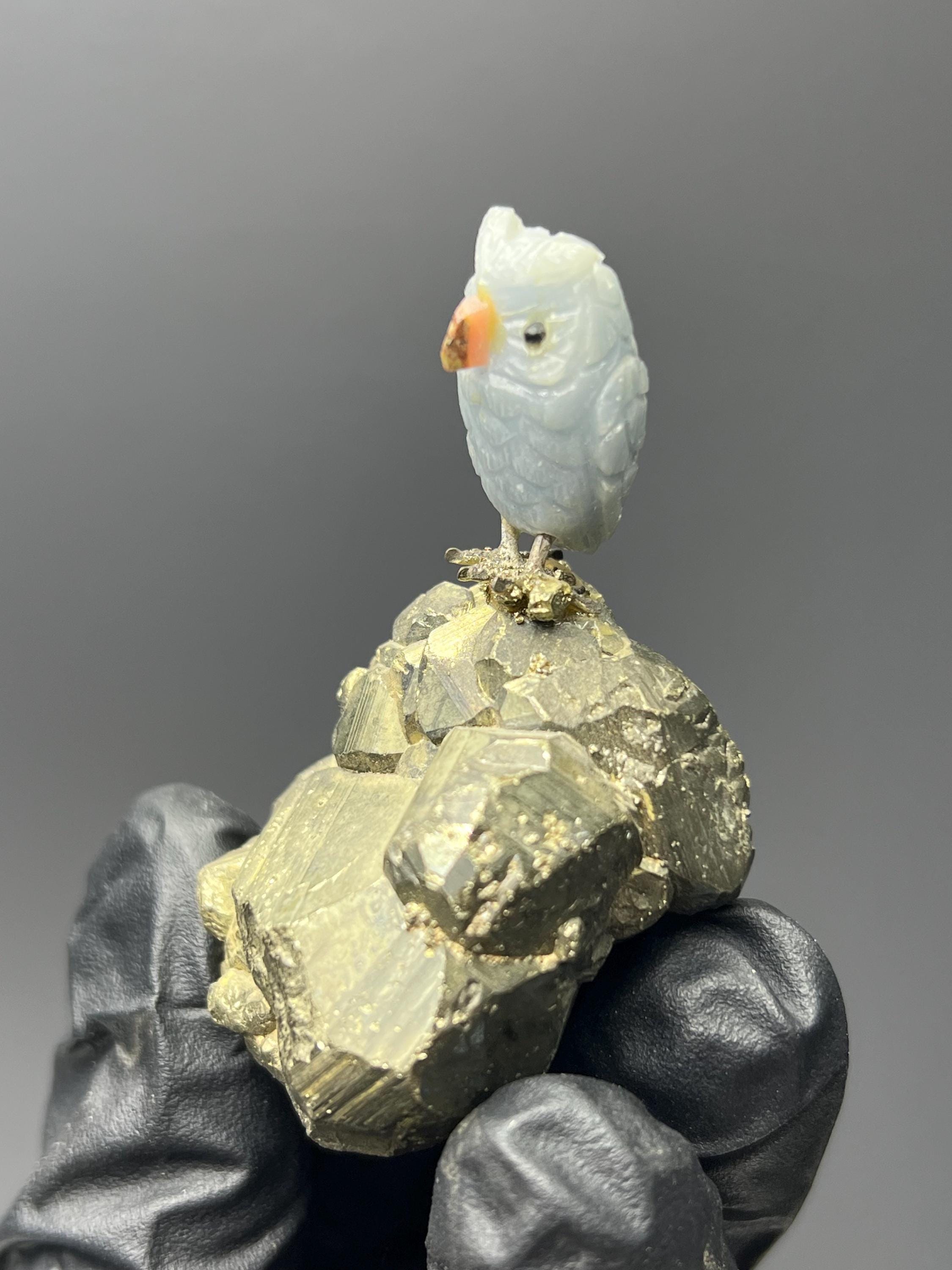 Pyrite On Natural Stone Owl Bird - Crystal Gemstone AE 