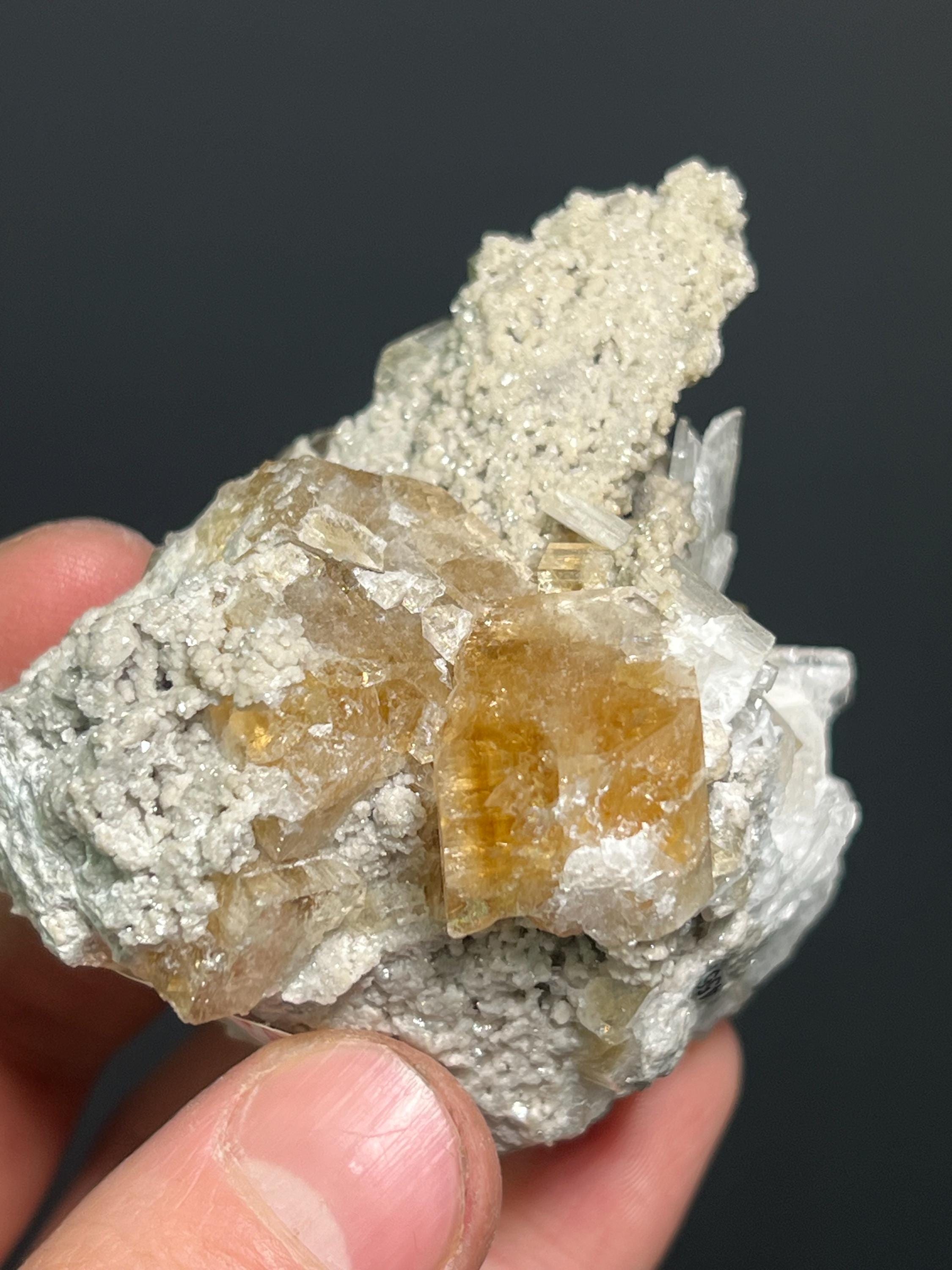 Orange Fluorite Specimen with Calcite, Rare Crystal (208gram, Canada) - Crystal Gemstone AE 