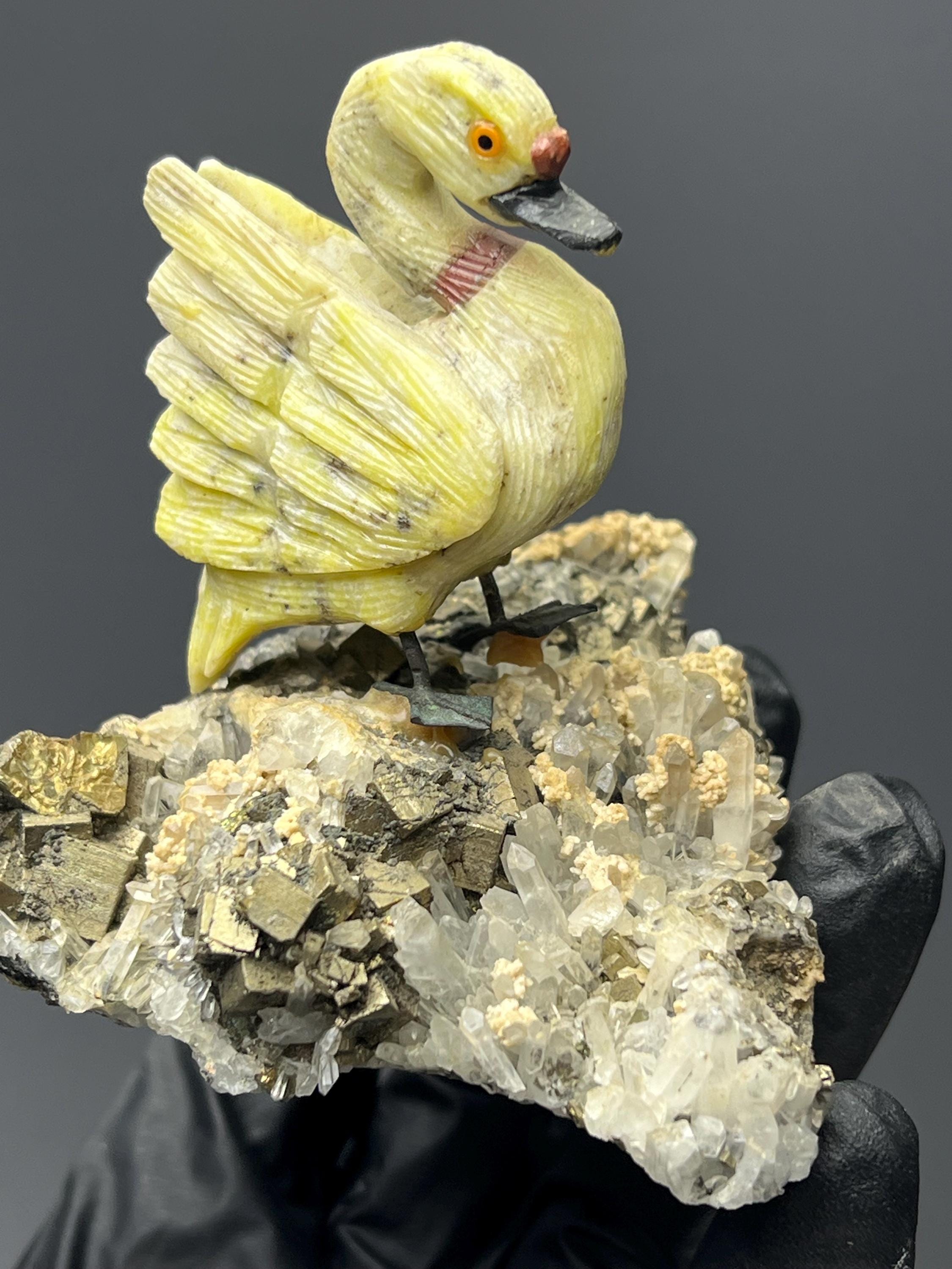 Pyrite And Calcite With Crystal Quartz On Natural Stone Swan Bird - Crystal Gemstone AE 