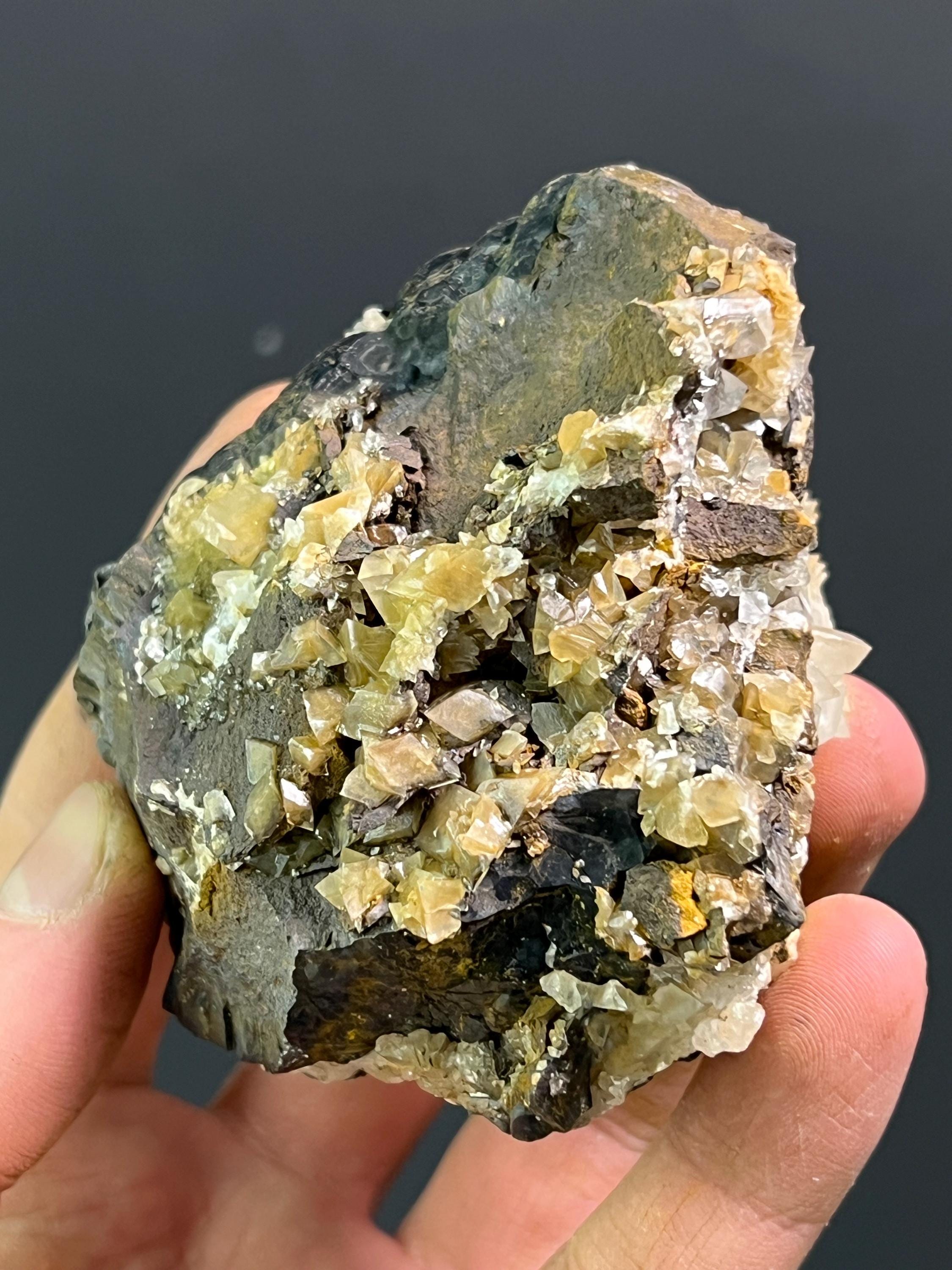 Crystal Calcite On Goethite - Crystal Gemstone AE 