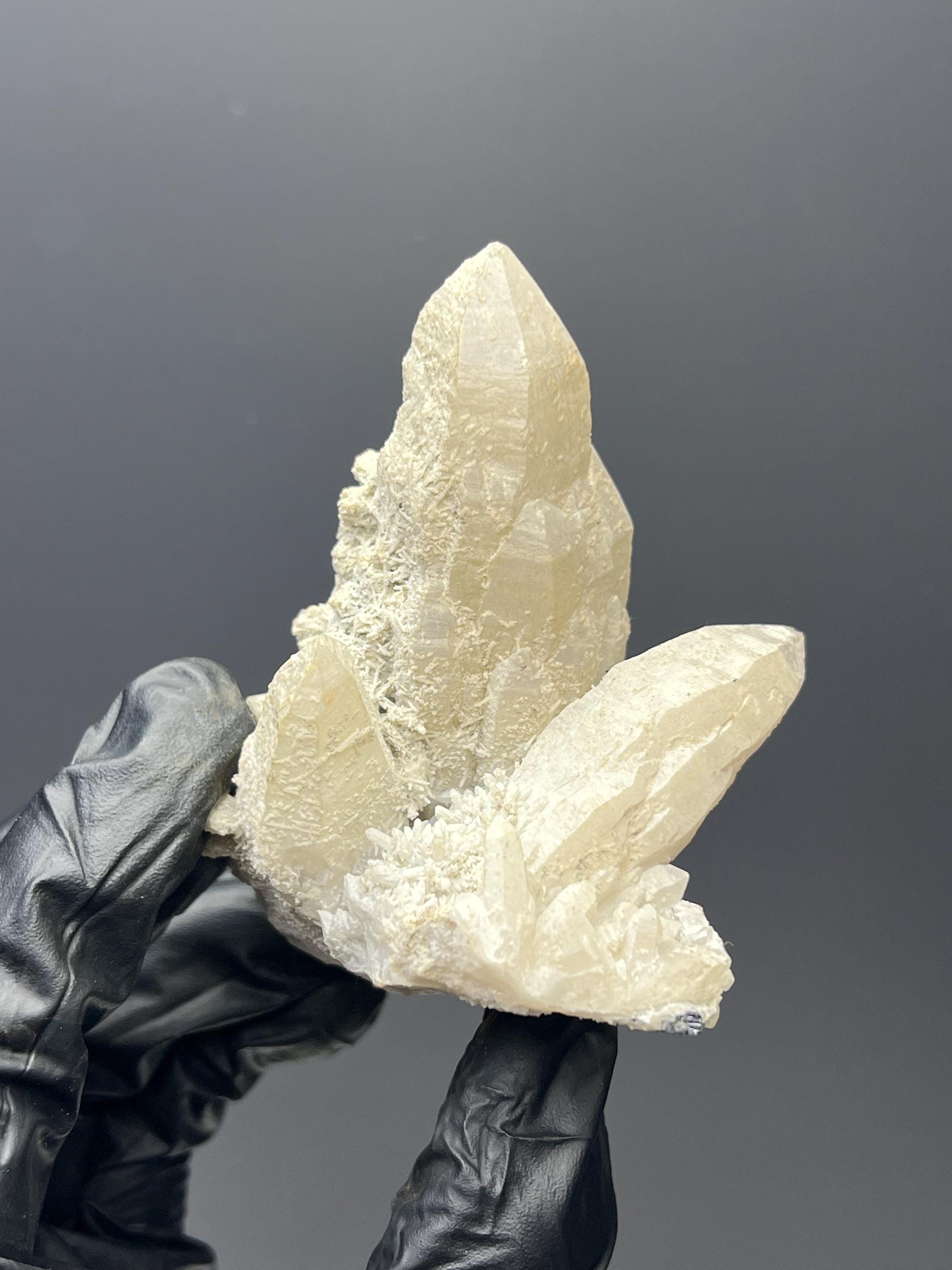 Crystal Calcite On Elestial Crystal Quartz - Crystal Gemstone AE 