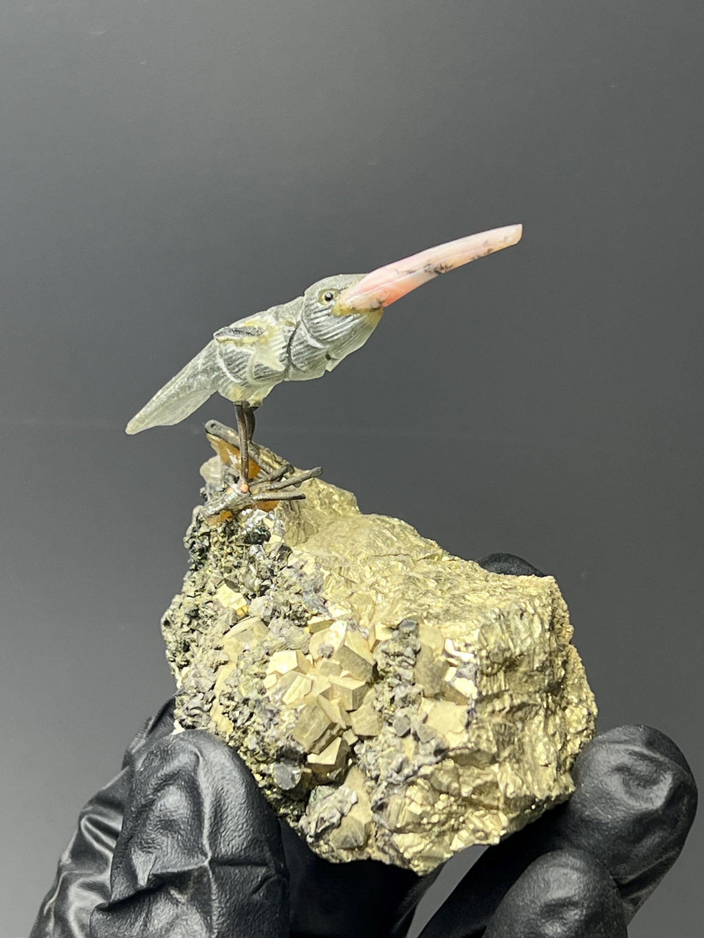 Pyrite And Galena Stone With Natural Stone Bird - Crystal Gemstone AE 