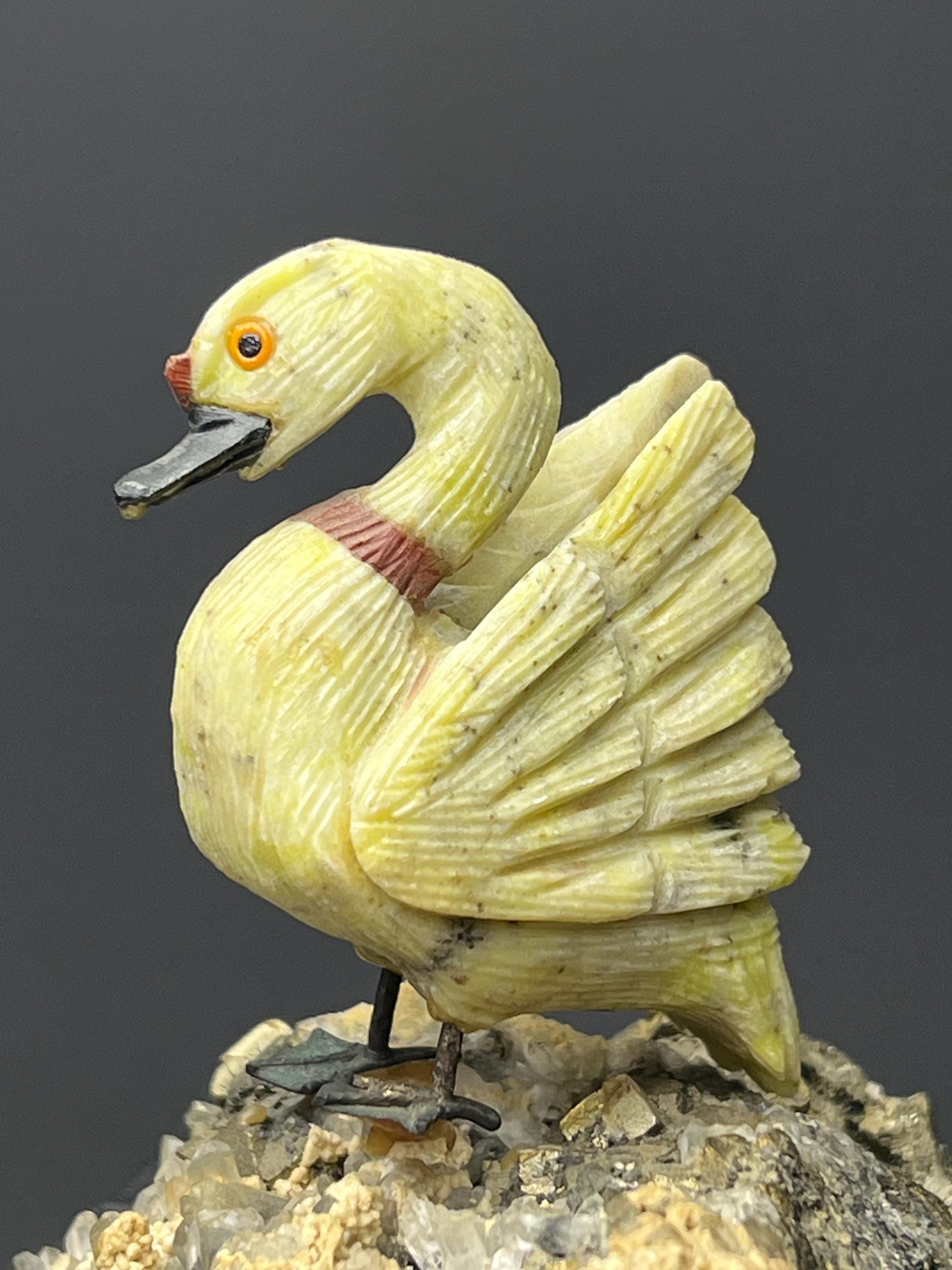 Pyrite And Calcite With Crystal Quartz On Natural Stone Swan Bird - Crystal Gemstone AE 