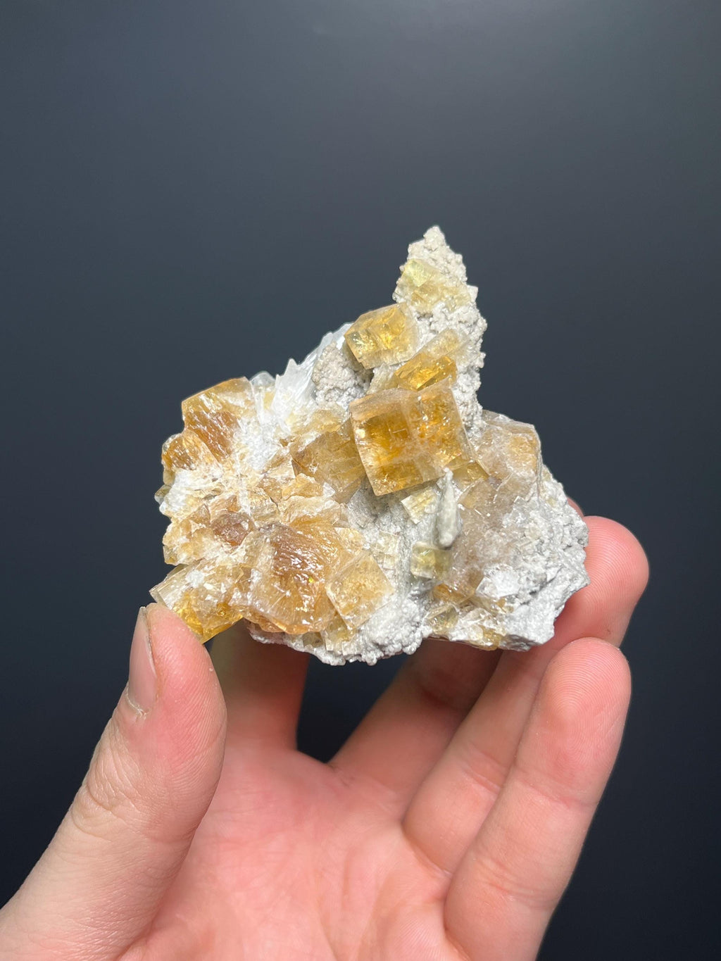 Orange Fluorite Specimen with Calcite, Rare Crystal (208gram, Canada) - Crystal Gemstone AE 
