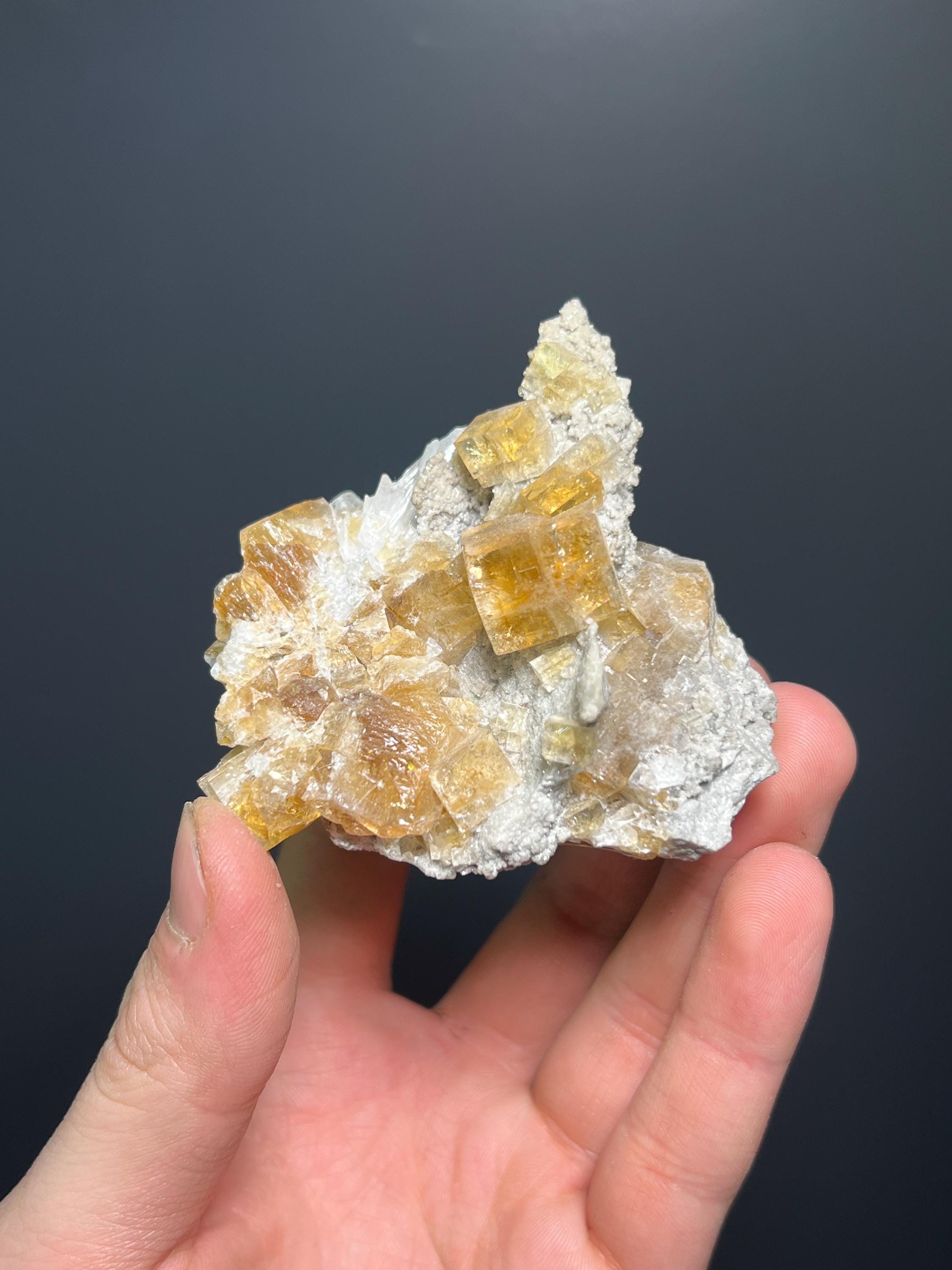 Orange Fluorite Specimen with Calcite, Rare Crystal (208gram, Canada) - Crystal Gemstone AE 