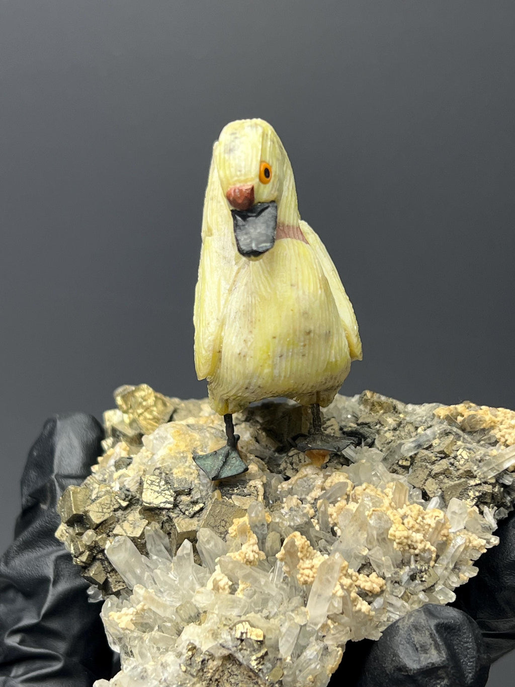 Pyrite And Calcite With Crystal Quartz On Natural Stone Swan Bird - Crystal Gemstone AE 