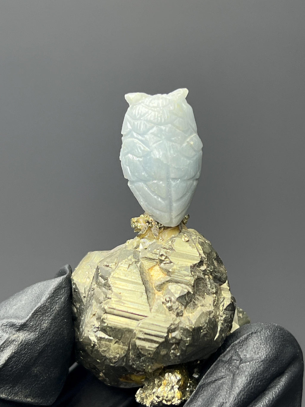 Pyrite On Natural Stone Owl Bird - Crystal Gemstone AE 