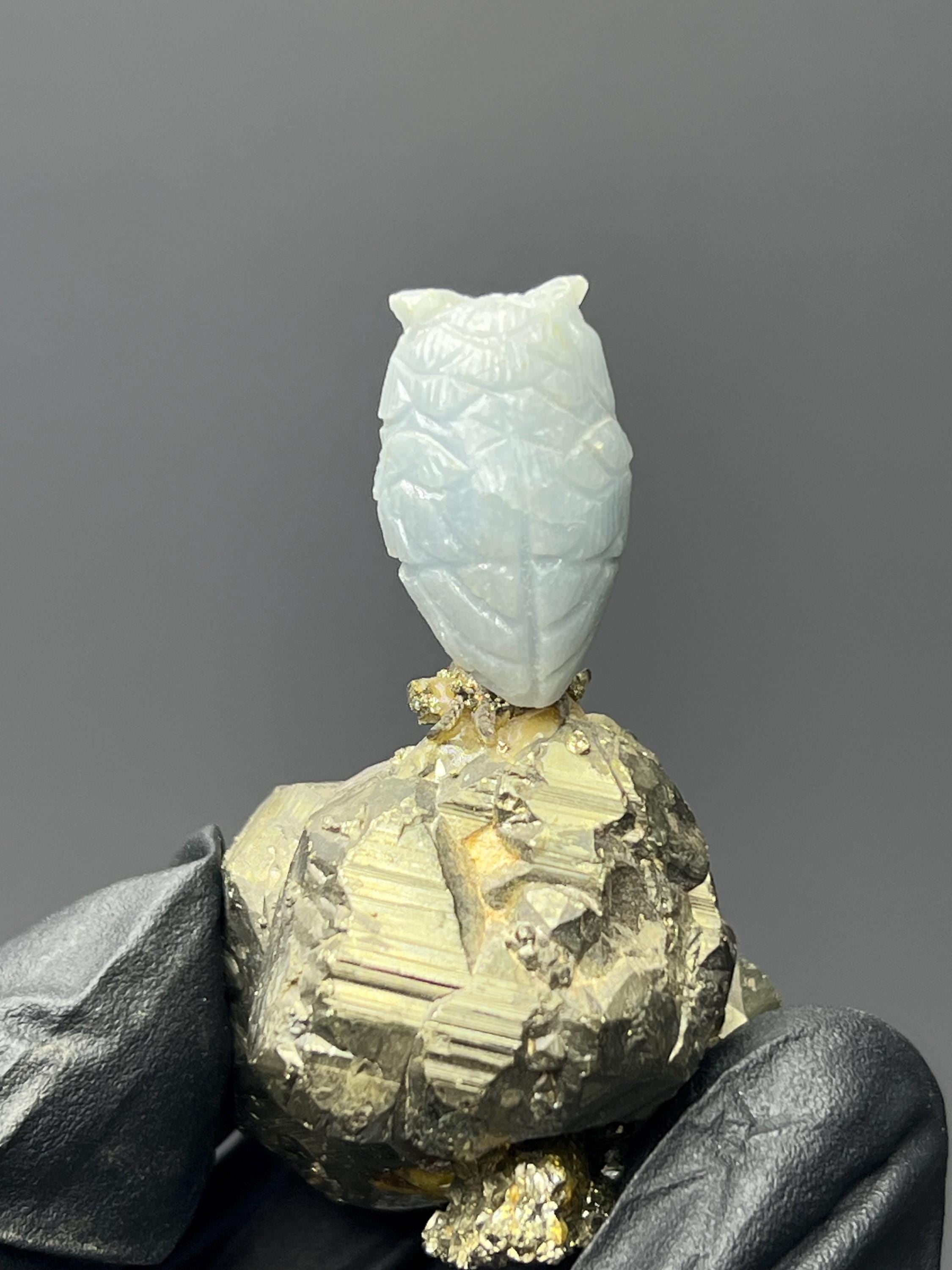Pyrite On Natural Stone Owl Bird - Crystal Gemstone AE 