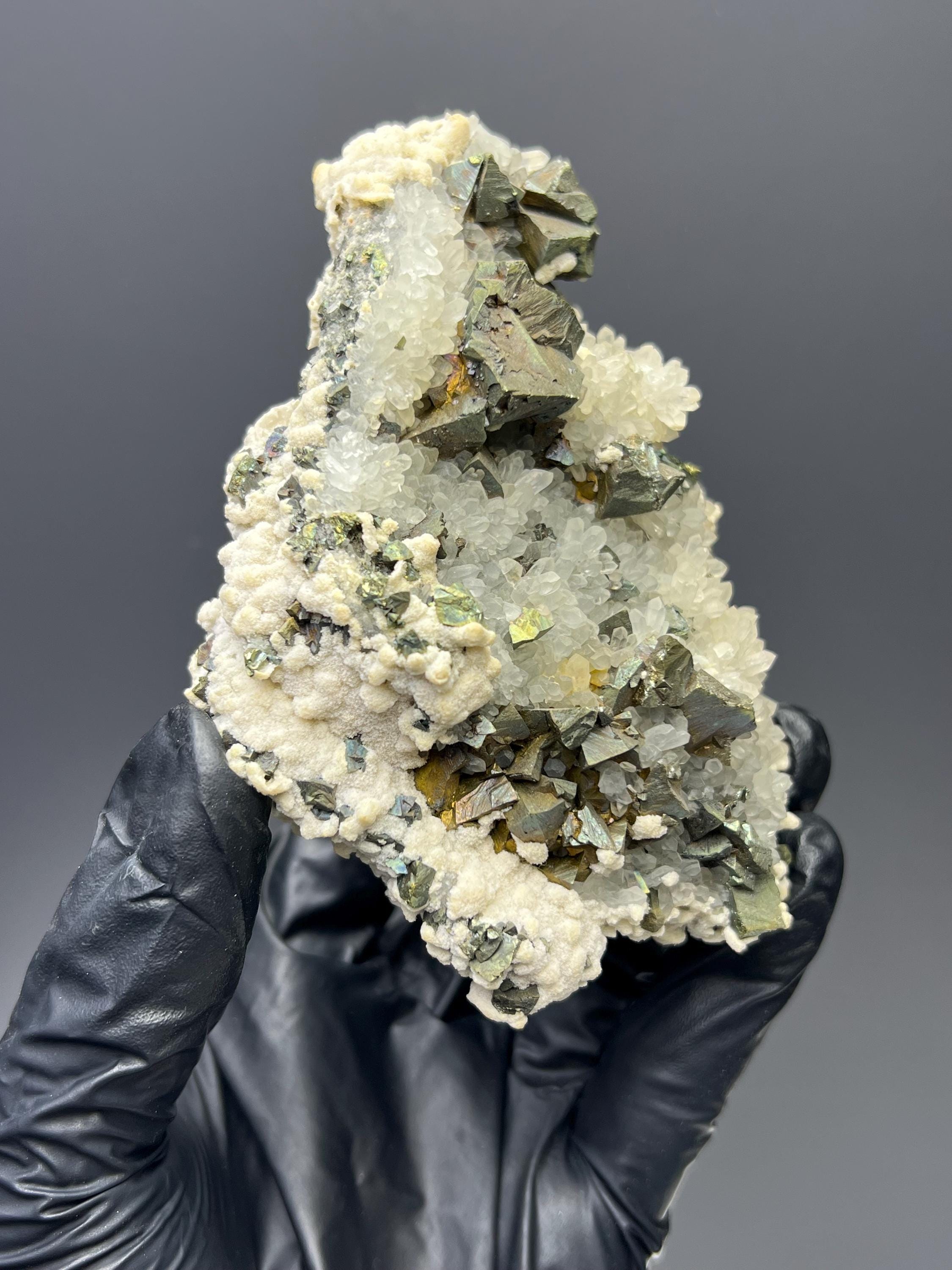 Very Very Special!! Chalcopyrite With Crystal Calcite And Crystal Quartz - Crystal Gemstone AE 