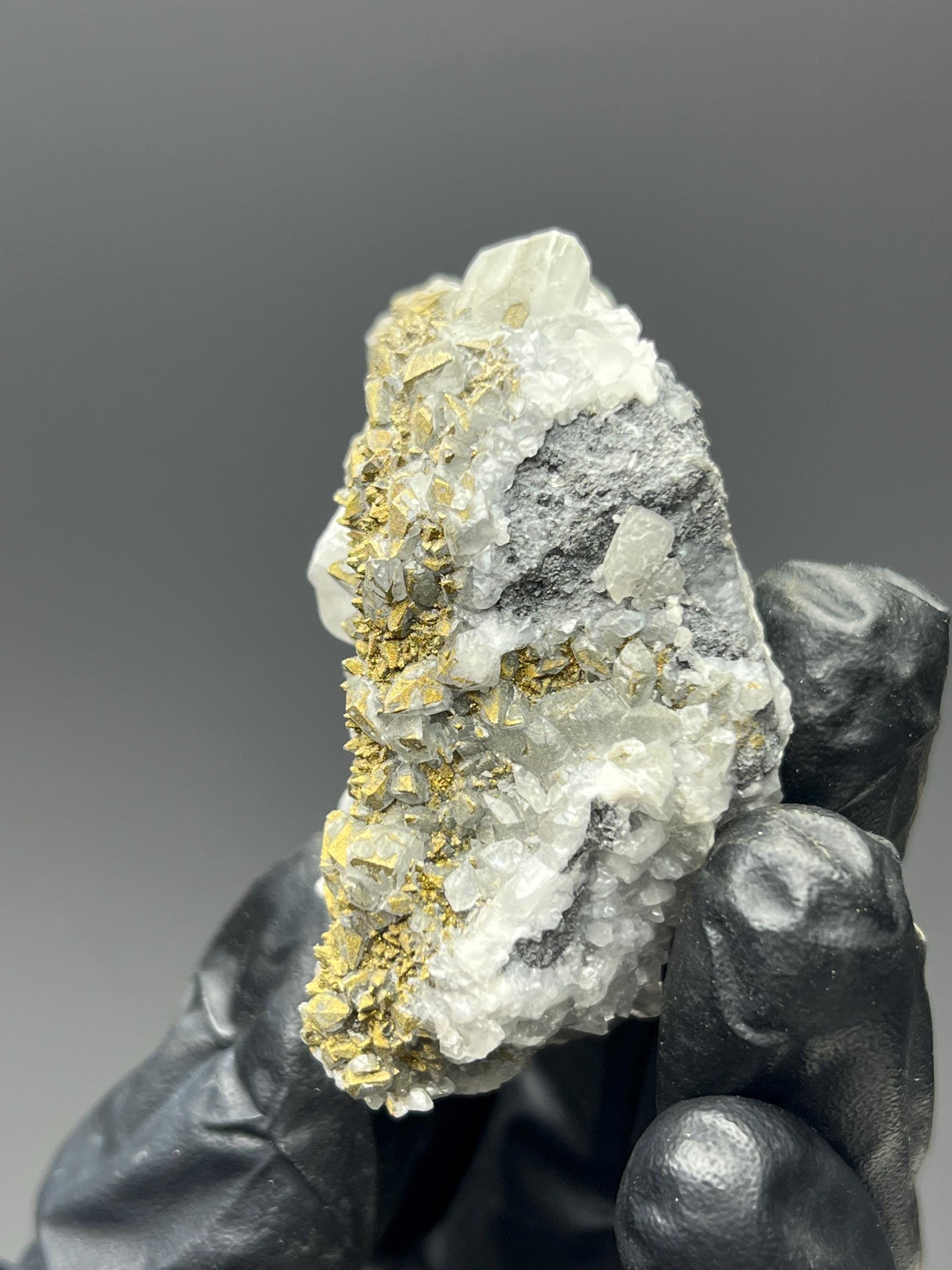 Chalcopyrite on Calcite Specimen - West Anatolia Mineral Display - Crystal Gemstone AE 