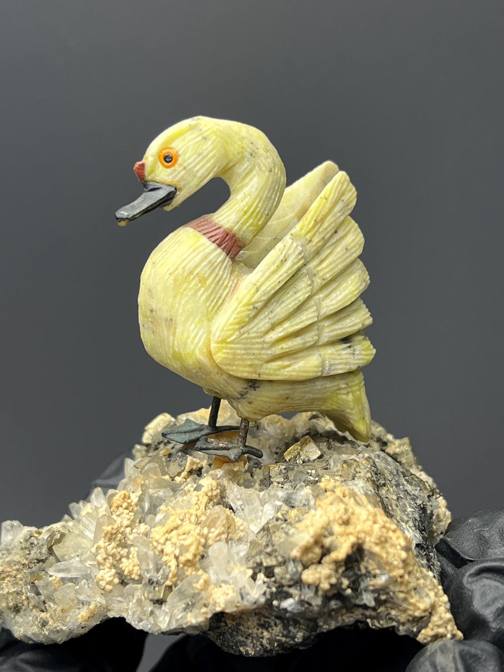 Pyrite And Calcite With Crystal Quartz On Natural Stone Swan Bird - Crystal Gemstone AE 