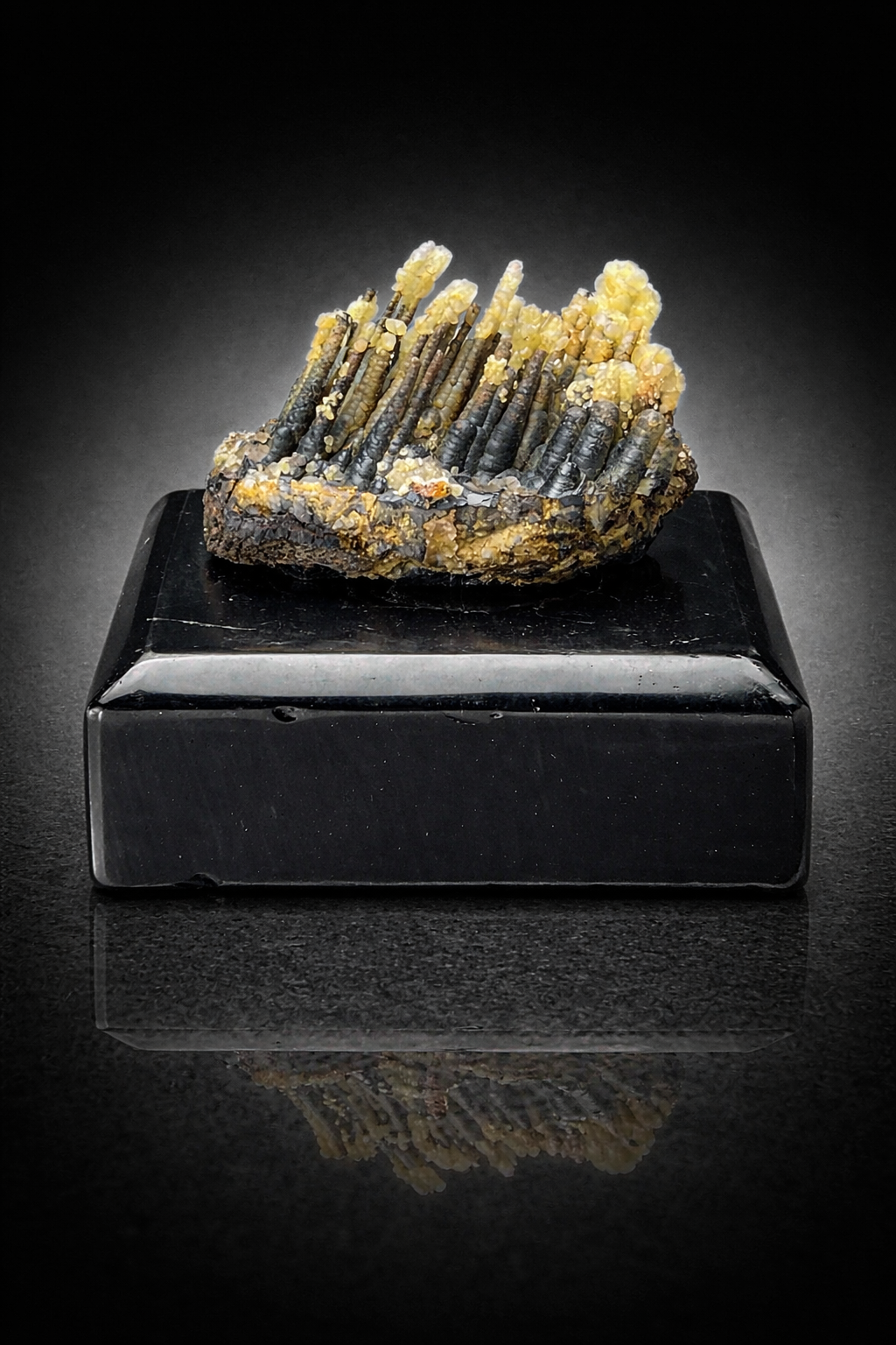 Calcite With Stalactite Goethite On Obsidian Stand