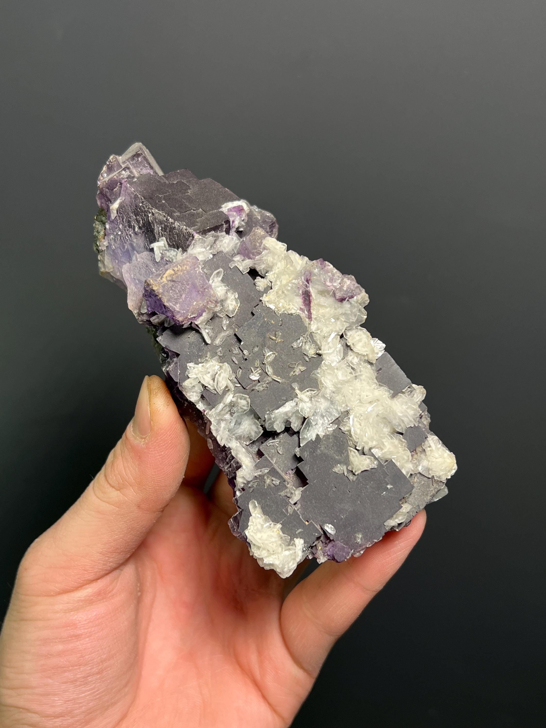 Calcite On Purple Fluorite Specimen, 445gram - Crystal Gemstone AE 