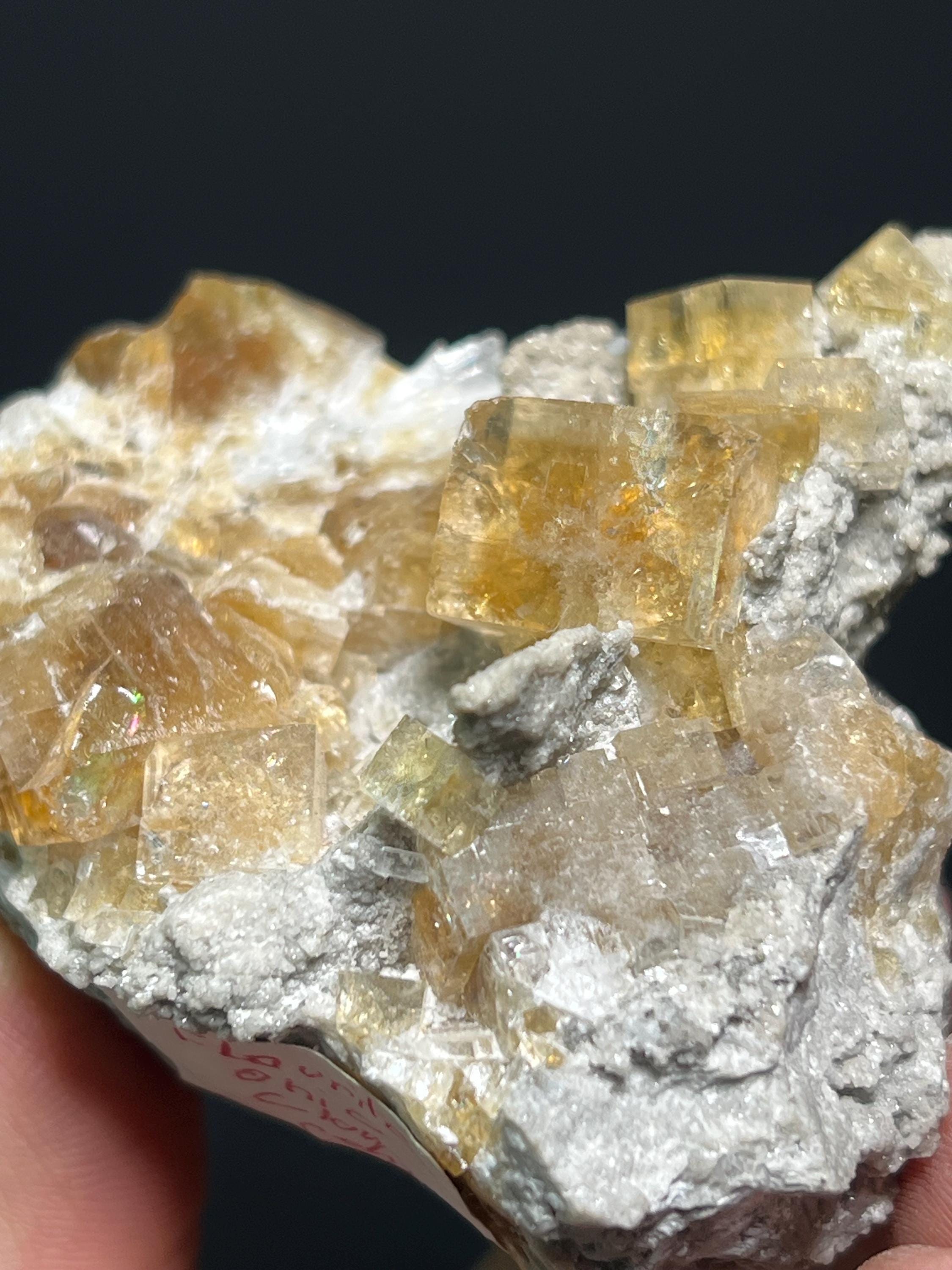 Orange Fluorite Specimen with Calcite, Rare Crystal (208gram, Canada) - Crystal Gemstone AE 