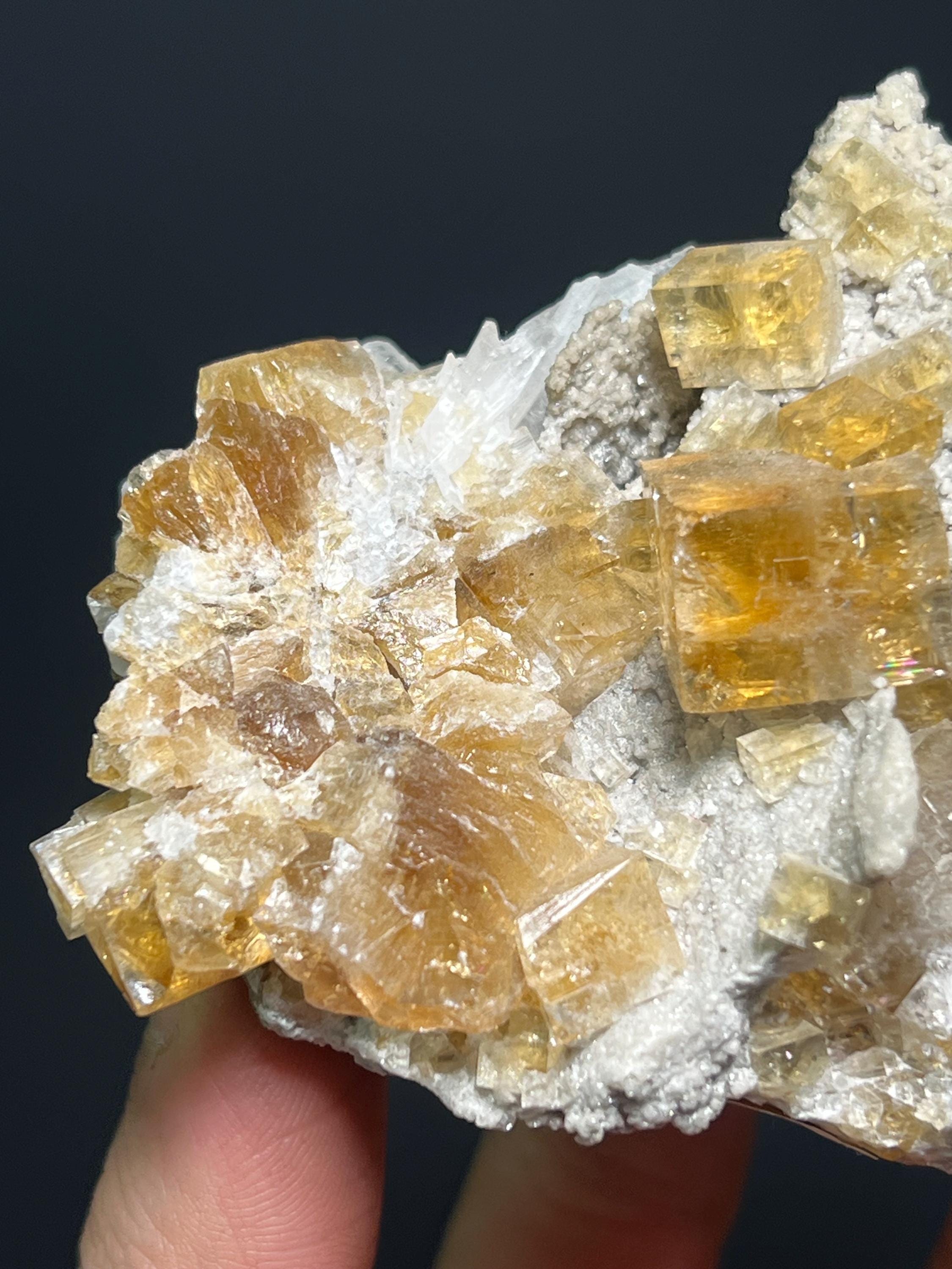 Orange Fluorite Specimen with Calcite, Rare Crystal (208gram, Canada) - Crystal Gemstone AE 