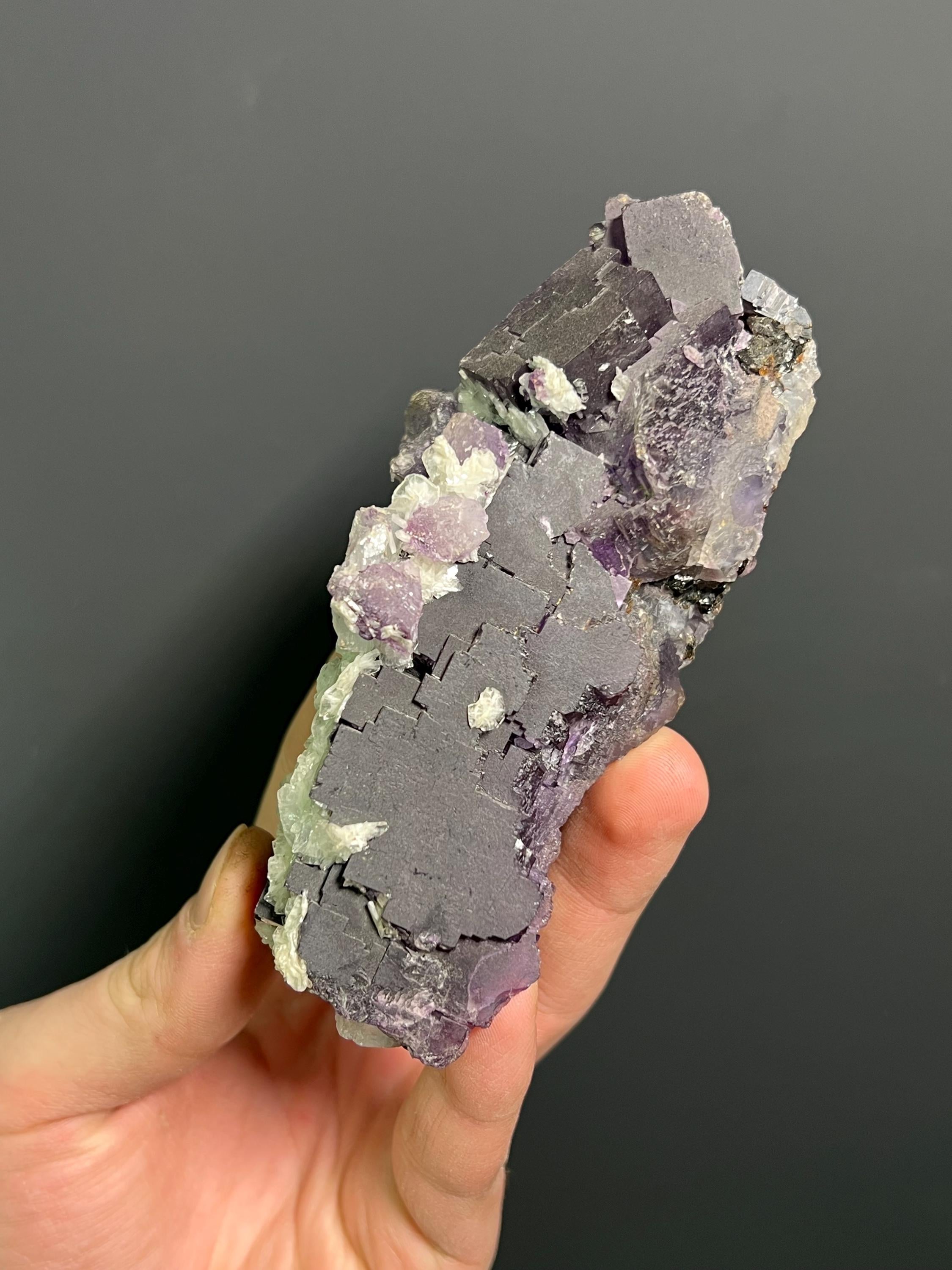 Calcite On Purple Fluorite Specimen, 445gram - Crystal Gemstone AE 