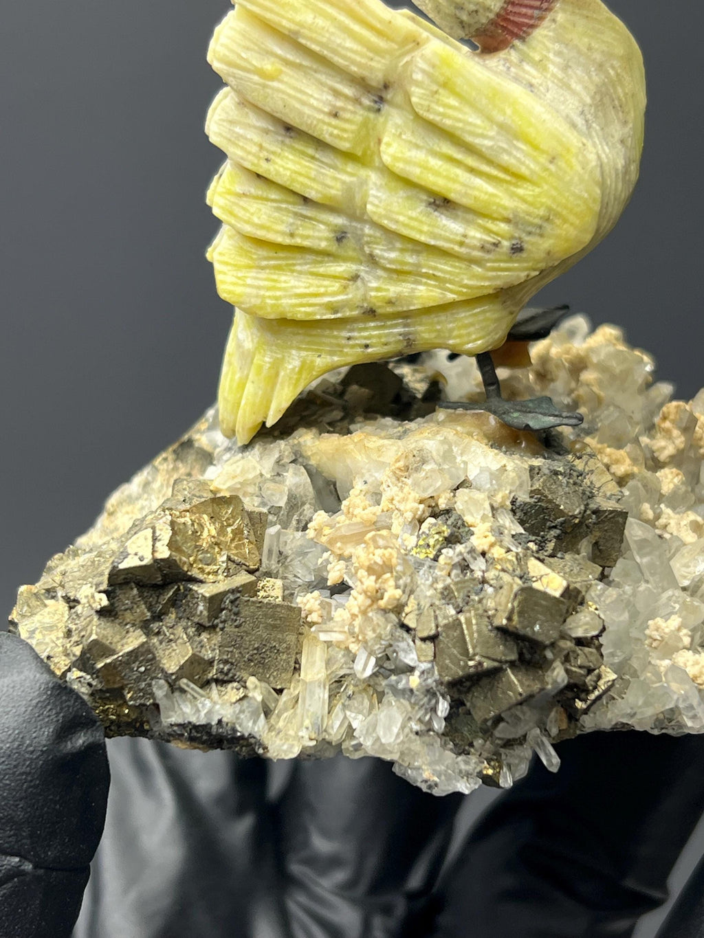 Pyrite And Calcite With Crystal Quartz On Natural Stone Swan Bird - Crystal Gemstone AE 