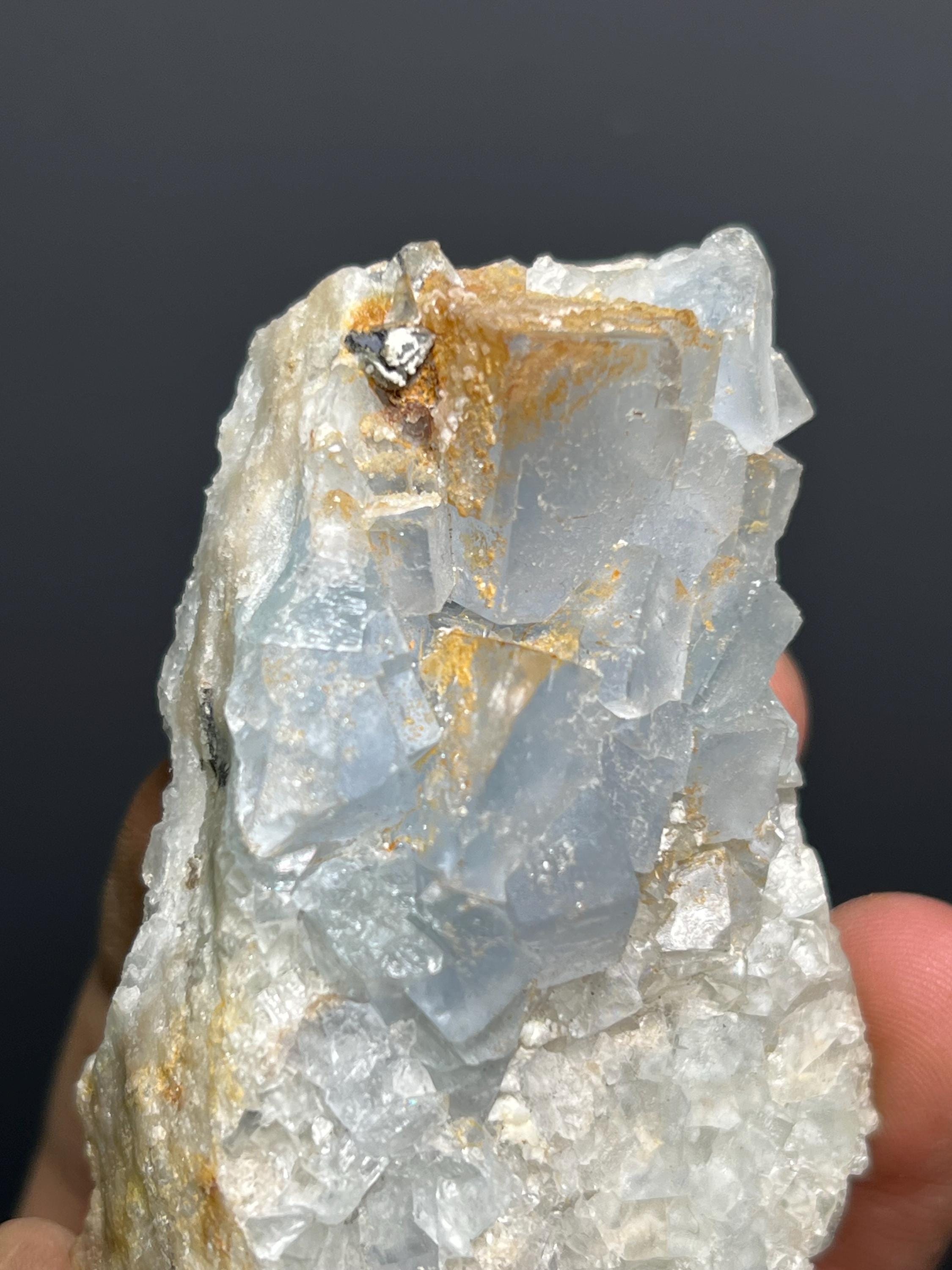 Blue Fluorite On Calcite Specimen, 136gram - Crystal Gemstone AE 