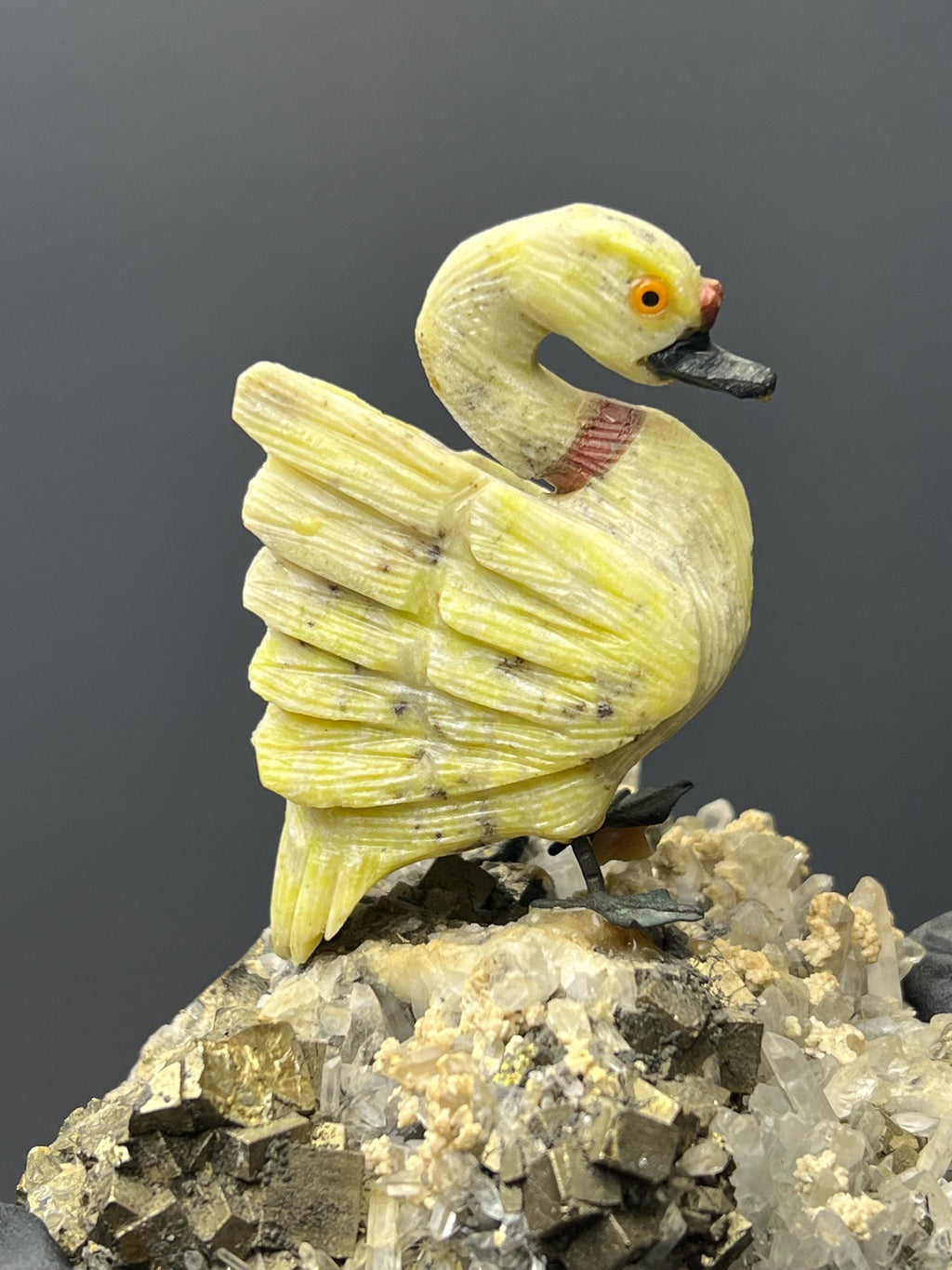 Pyrite And Calcite With Crystal Quartz On Natural Stone Swan Bird - Crystal Gemstone AE 