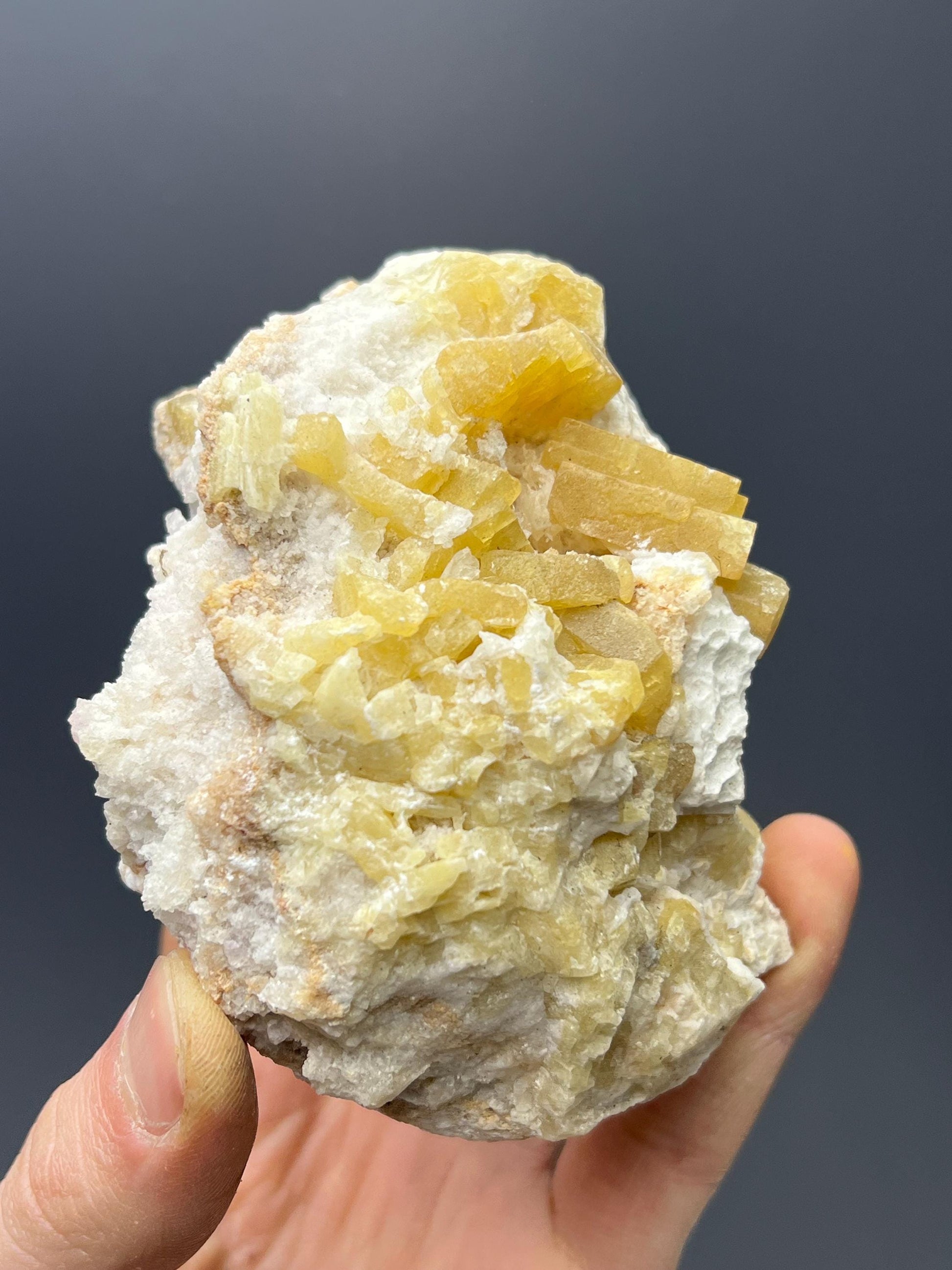 Yellow Barite On Calcite - Crystal Gemstone AE 