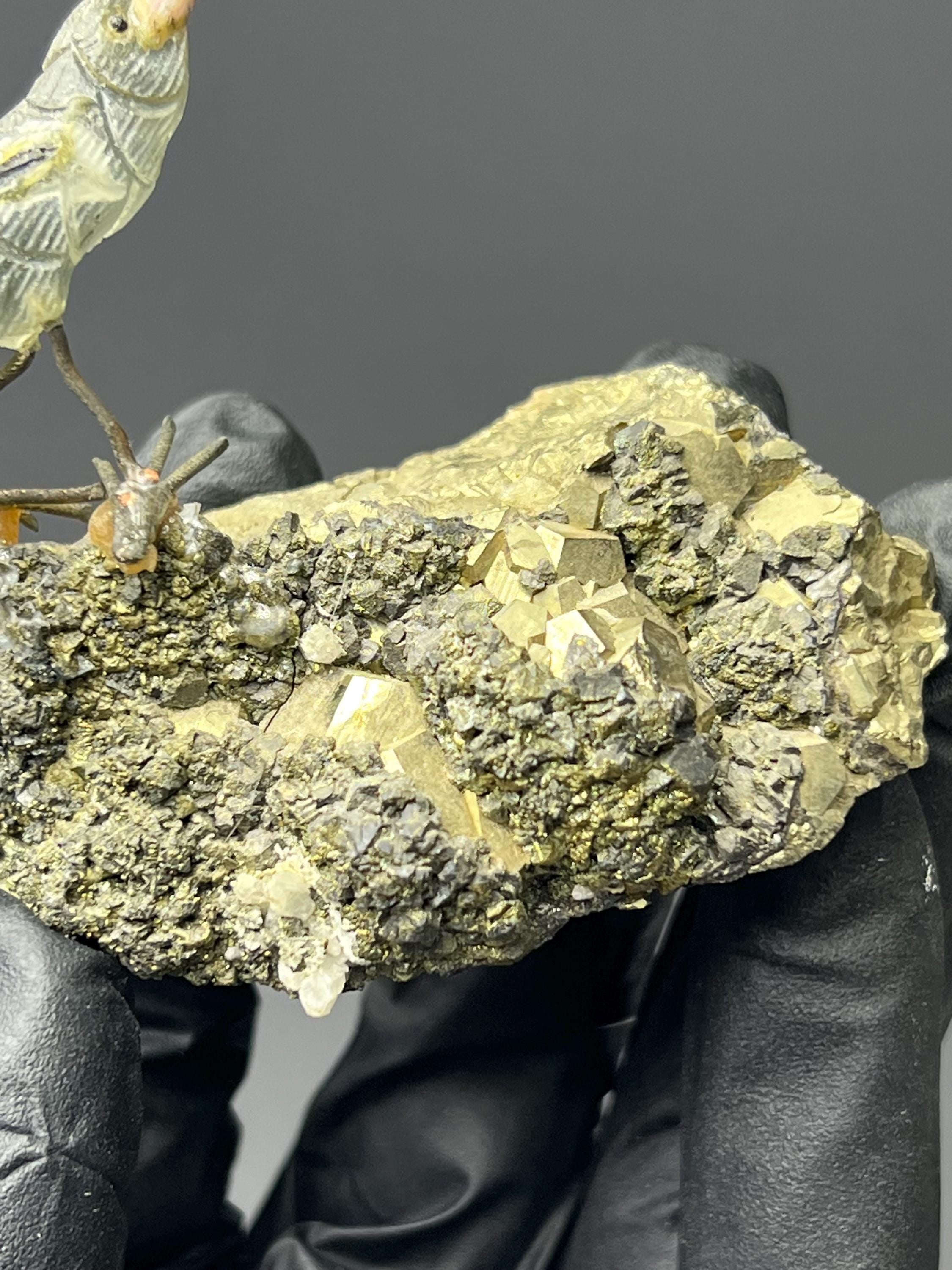 Pyrite And Galena Stone With Natural Stone Bird - Crystal Gemstone AE 
