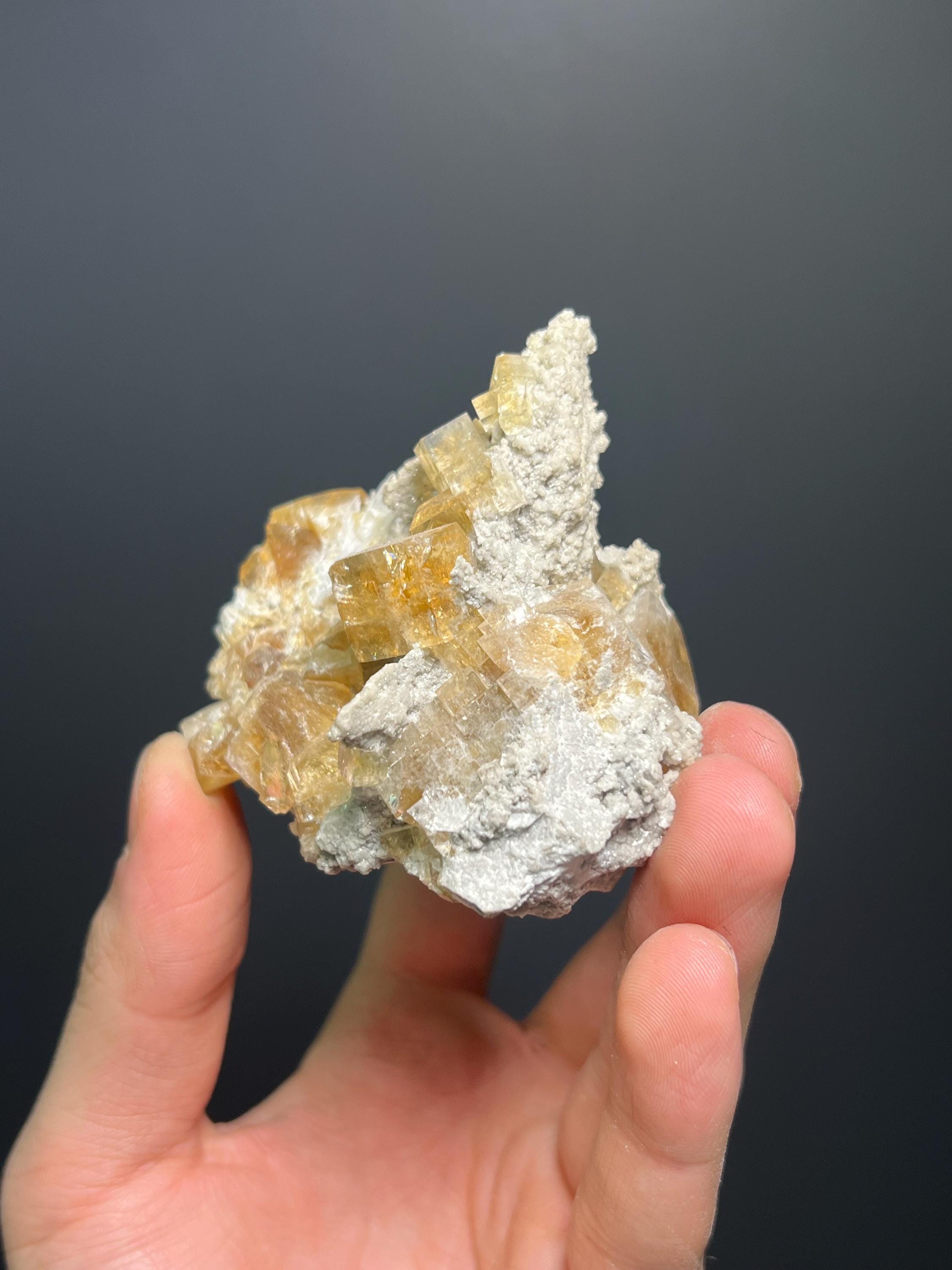 Orange Fluorite Specimen with Calcite, Rare Crystal (208gram, Canada) - Crystal Gemstone AE 