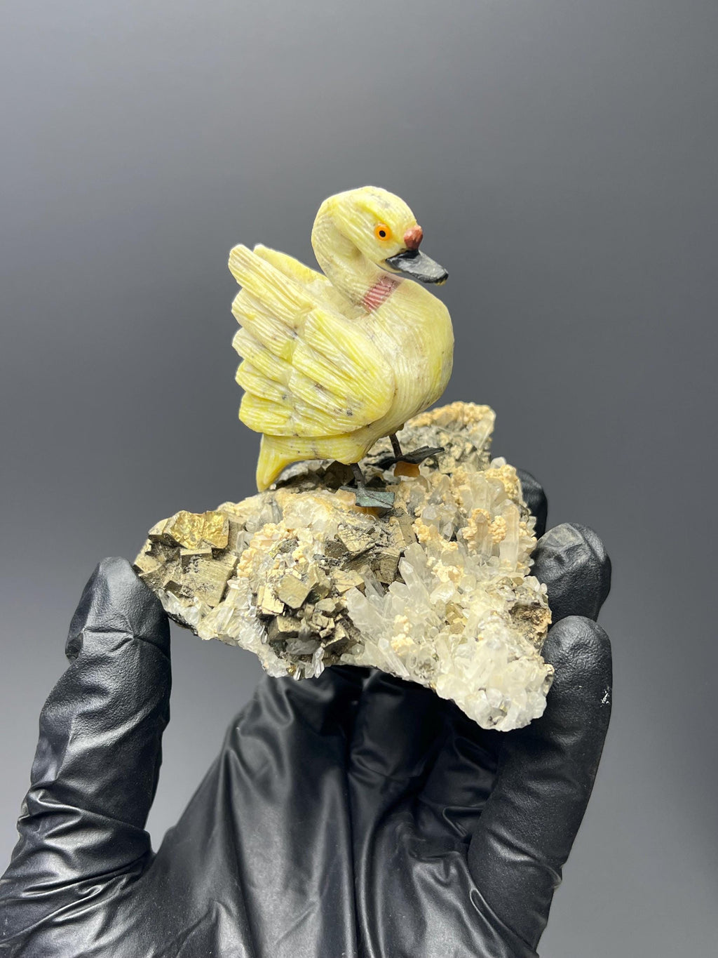 Pyrite And Calcite With Crystal Quartz On Natural Stone Swan Bird - Crystal Gemstone AE 