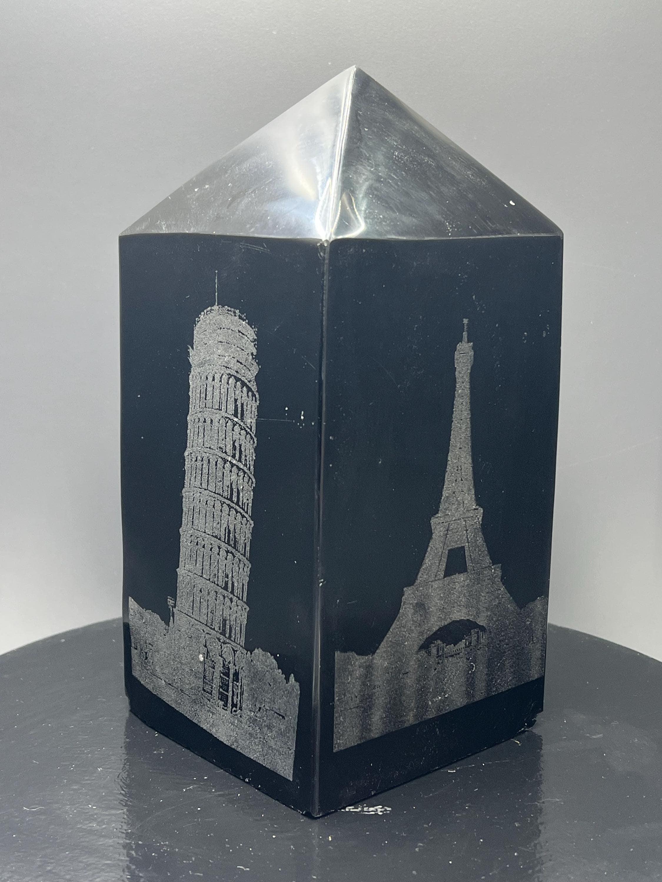 Engraved Obsidian Tower, Statue of Liberty, Pisa, Eiffel Tower - Crystal Gemstone AE 