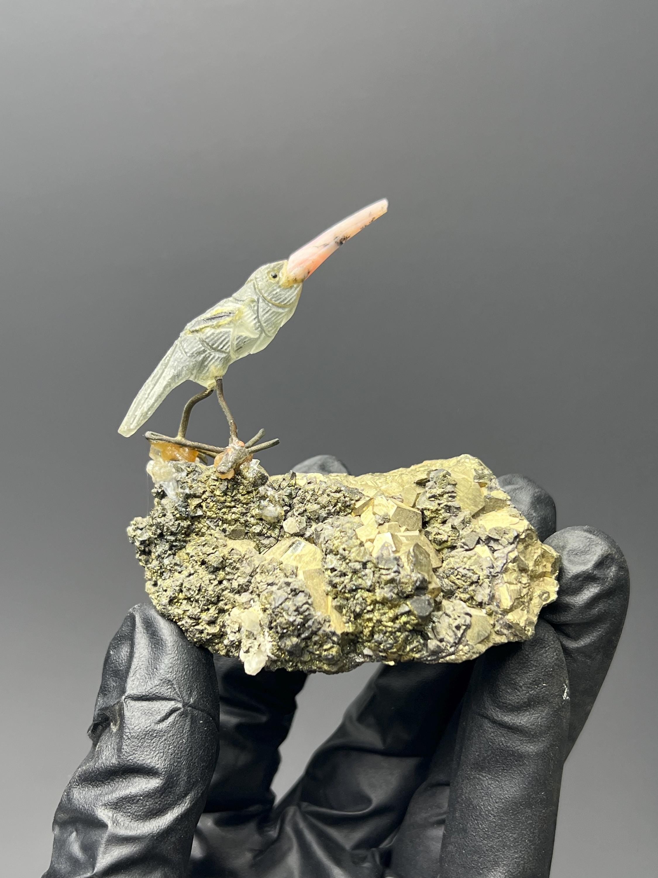 Pyrite And Galena Stone With Natural Stone Bird - Crystal Gemstone AE 