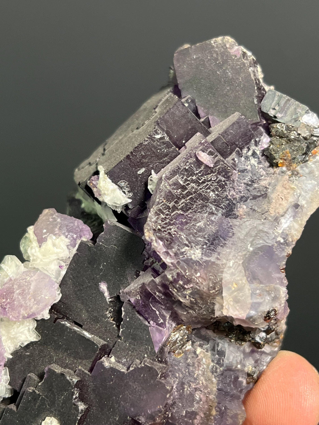 Calcite On Purple Fluorite Specimen, 445gram - Crystal Gemstone AE 