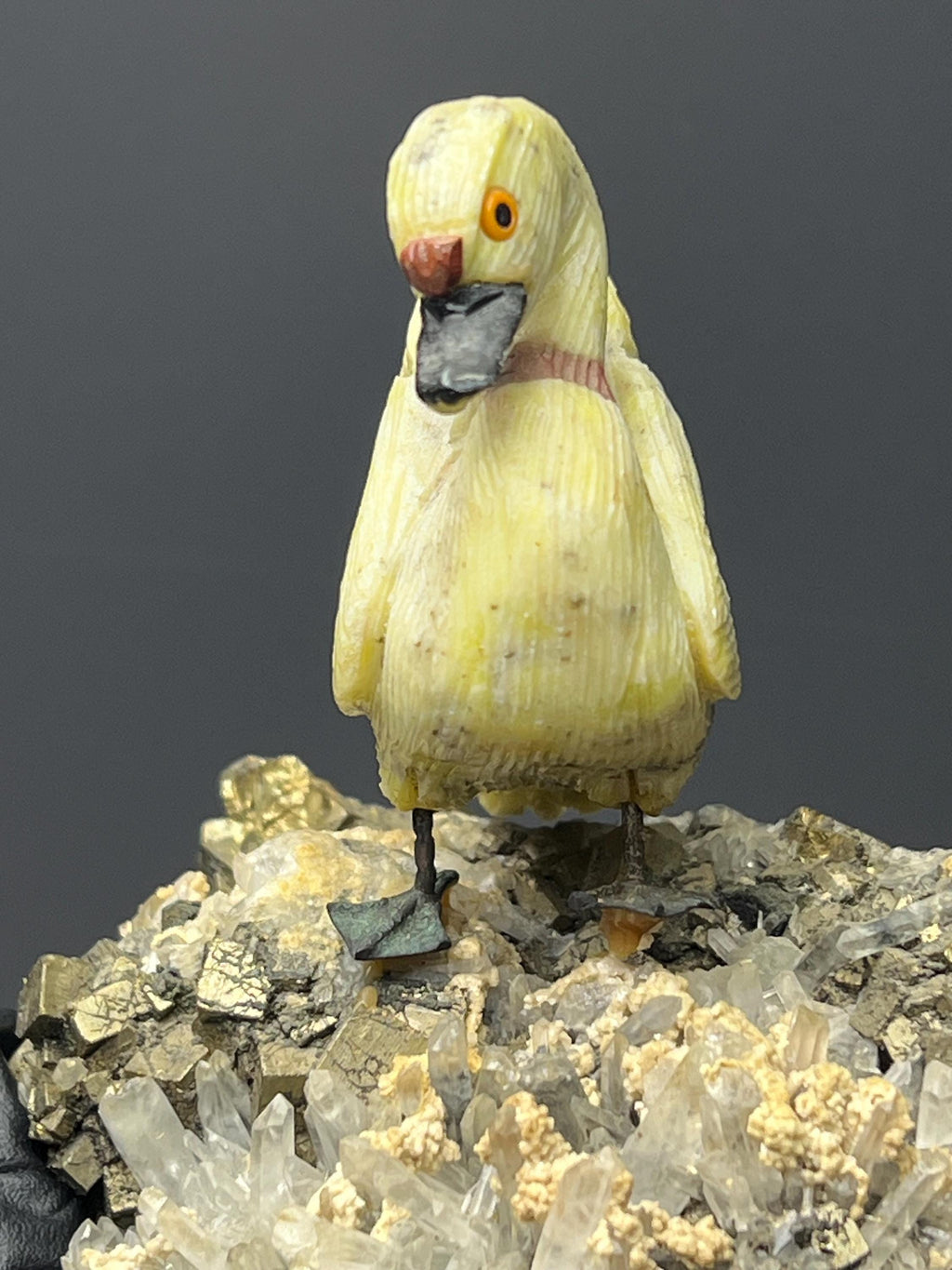 Pyrite And Calcite With Crystal Quartz On Natural Stone Swan Bird - Crystal Gemstone AE 