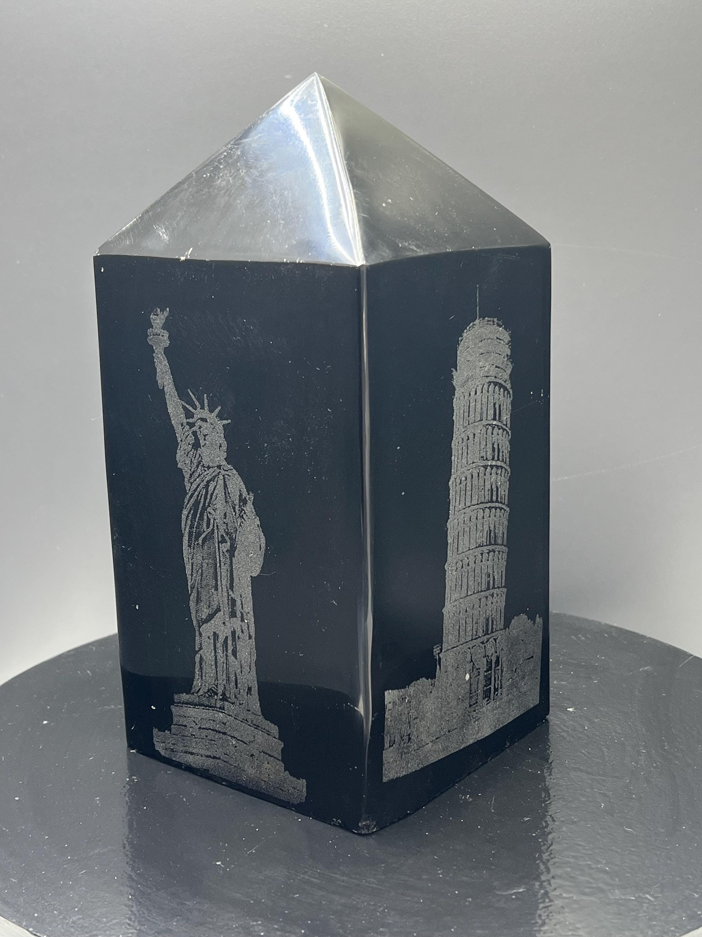 Engraved Obsidian Tower, Statue of Liberty, Pisa, Eiffel Tower - Crystal Gemstone AE 